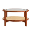 Modern Minimalist Circular Double Layer Solid Wood Coffee Table, Craft Glass Tabletop, Second Layer Material: Pe Rattan, Solid Wood Frame. 34.6 '* 34.6' * 17.7'' Walnut Solid Wood