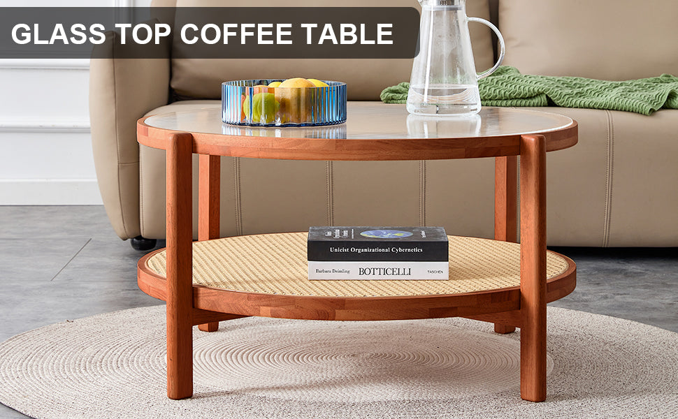 Modern Minimalist Circular Double Layer Solid Wood Coffee Table, Craft Glass Tabletop, Second Layer Material: Pe Rattan, Solid Wood Frame. 34.6 '* 34.6' * 17.7'' Walnut Solid Wood