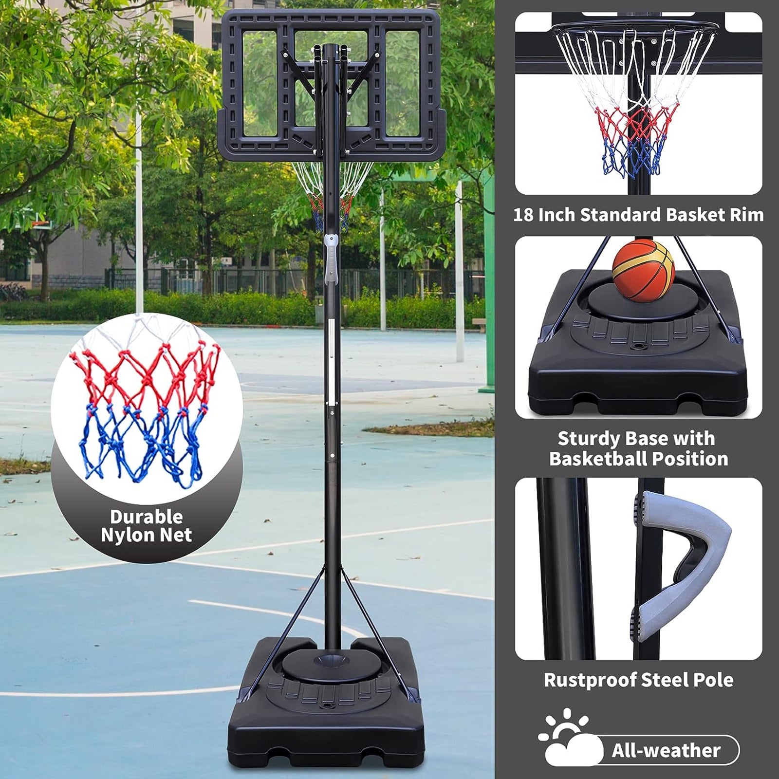Teenagers Portable Basketball Hoop Height Adjustable Basketball Hoop Stand 7.5Ft 10Ft With 44 Inch Backboard And Wheels For Adults Teens Balls Sports Black Garden & Outdoor Sporty Iron