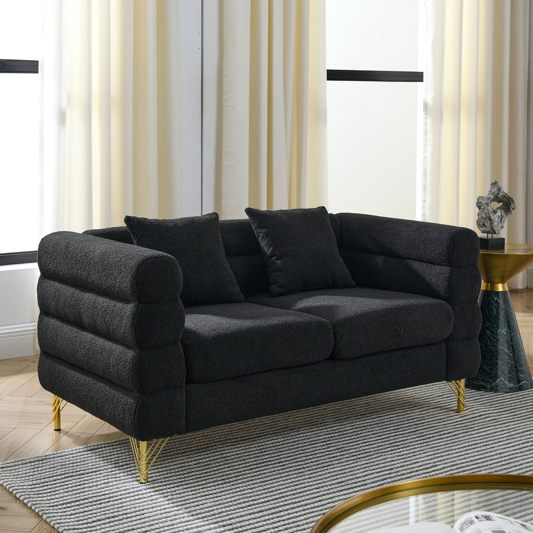 60Inch Oversized 2 Seater Sectional Sofa, Living Room Comfort Fabric Sectional Sofa Deep Seating Sectional Sofa, Soft Sitting With 2 Pillows For Living Room, Bedroom, Office, Black Teddy W834S00030 Black Primary Living Space American Design Foam Fabric 2