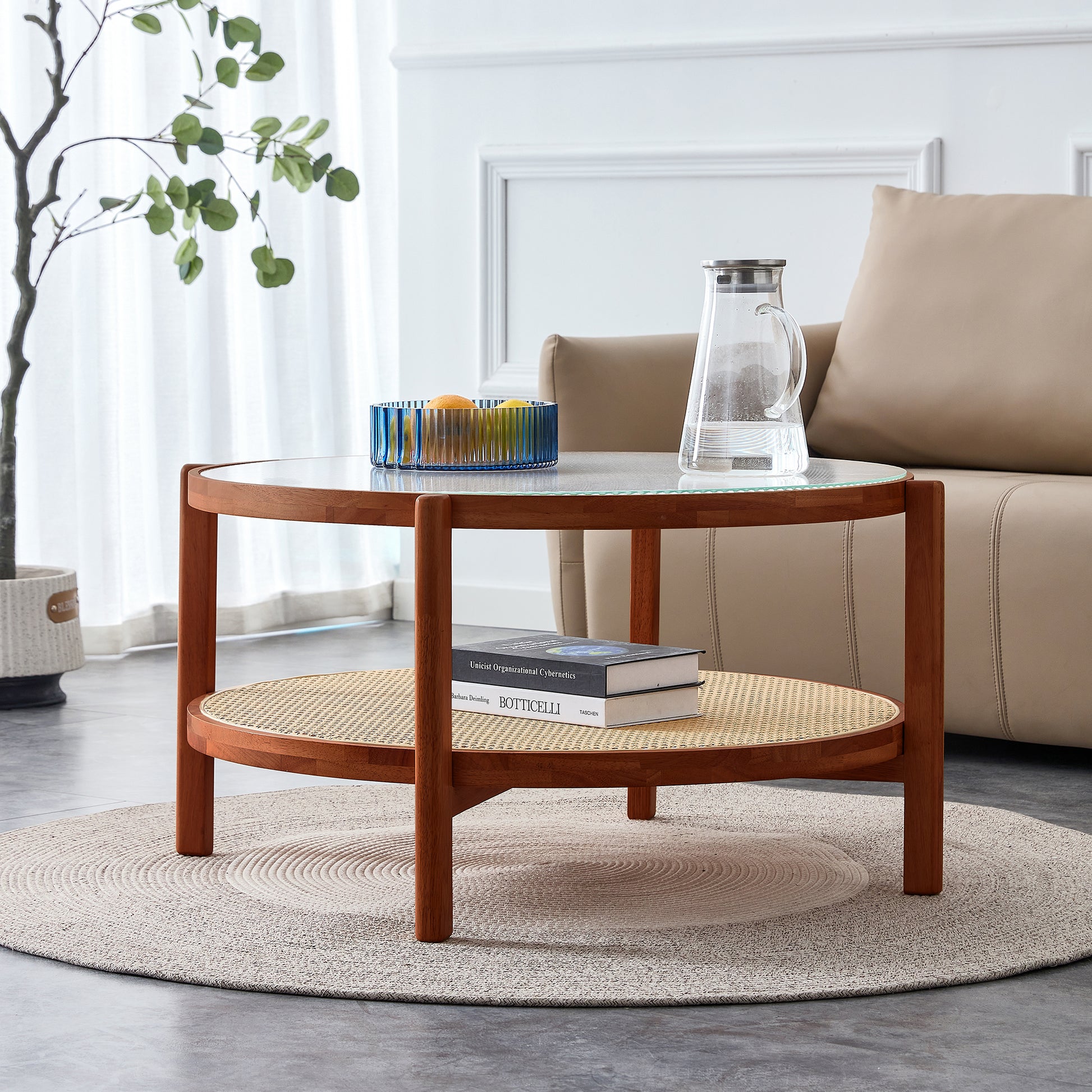 Modern Minimalist Circular Double Layer Solid Wood Coffee Table, Craft Glass Tabletop, Second Layer Material: Pe Rattan, Solid Wood Frame. 34.6 '* 34.6' * 17.7'' Walnut Solid Wood