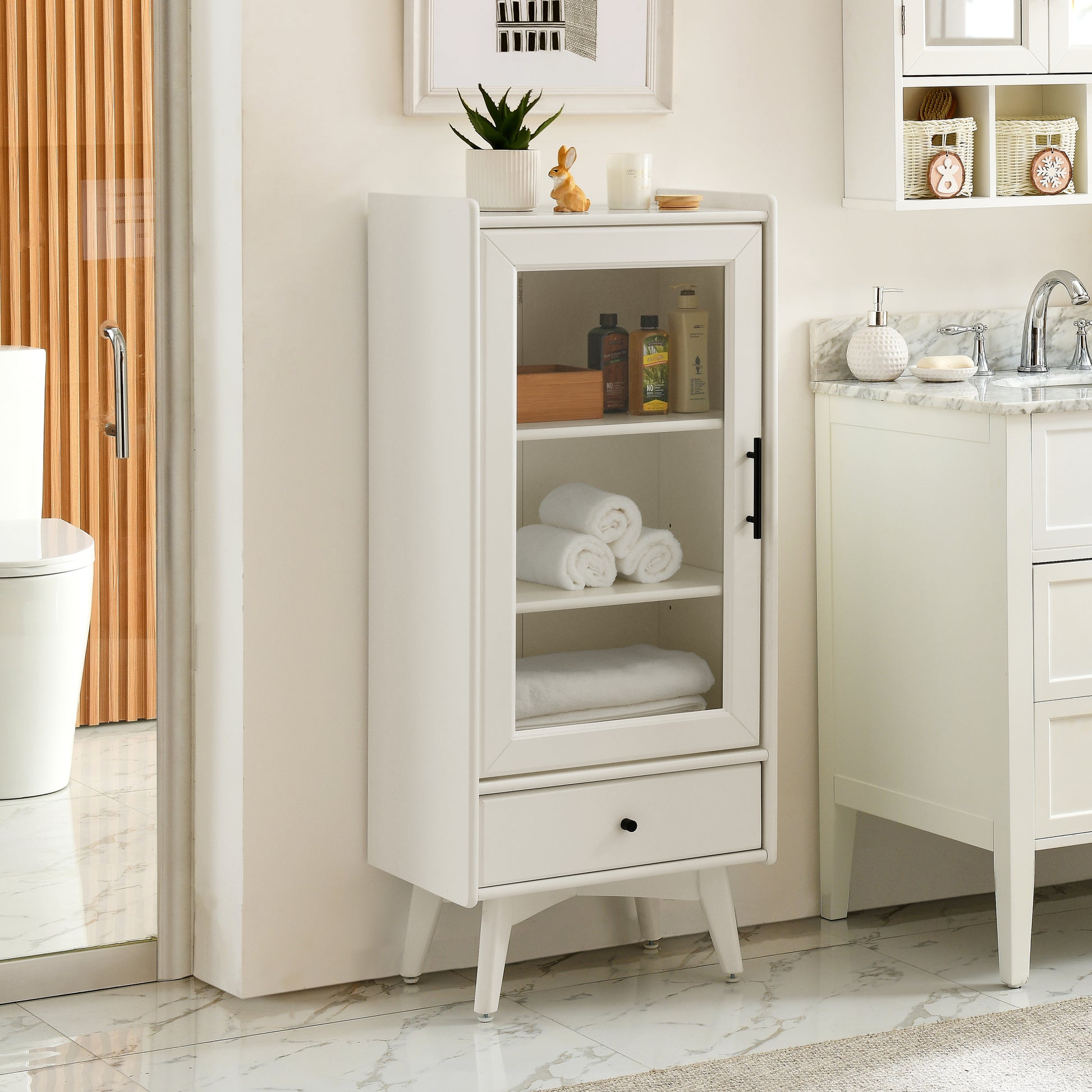 Modern Bathroom Storage Cabinet & Floor Standing Cabinet With Glass Door With Double Adjustable Shelves And One Drawer, Extra Storage Space On Top, White 19.75" 13.75" 46" White Mdf