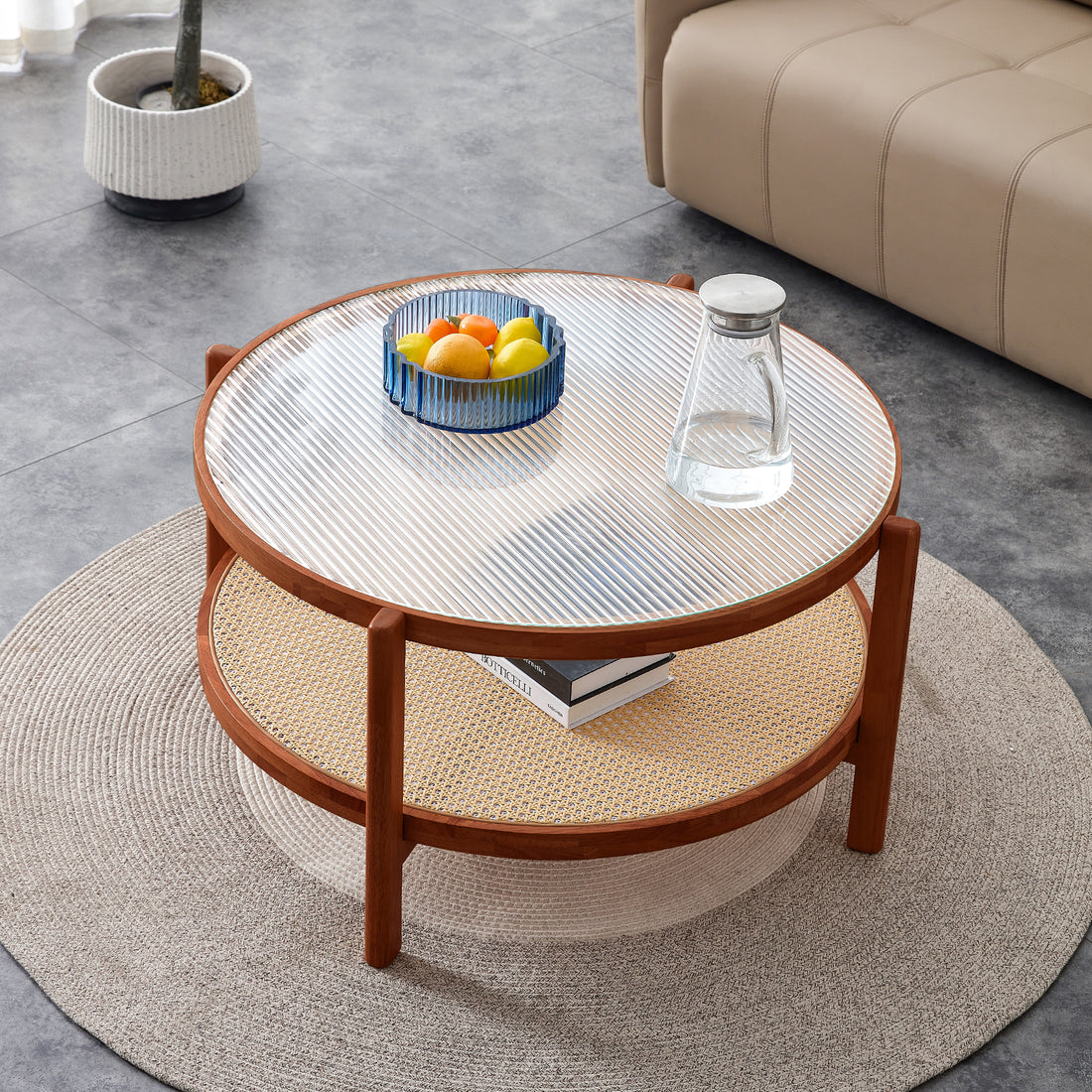 Modern Minimalist Circular Double Layer Solid Wood Coffee Table, Craft Glass Tabletop, Second Layer Material: Pe Rattan, Solid Wood Frame. 34.6 '* 34.6' * 17.7'' Walnut Solid Wood