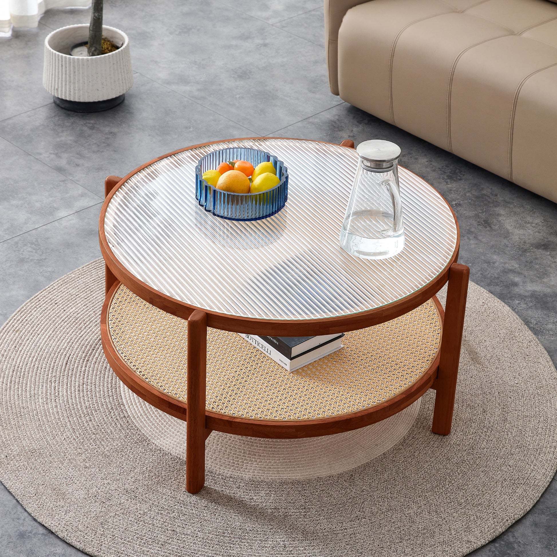 Modern Minimalist Circular Double Layer Solid Wood Coffee Table, Craft Glass Tabletop, Second Layer Material: Pe Rattan, Solid Wood Frame. 34.6 '* 34.6' * 17.7'' Walnut Solid Wood