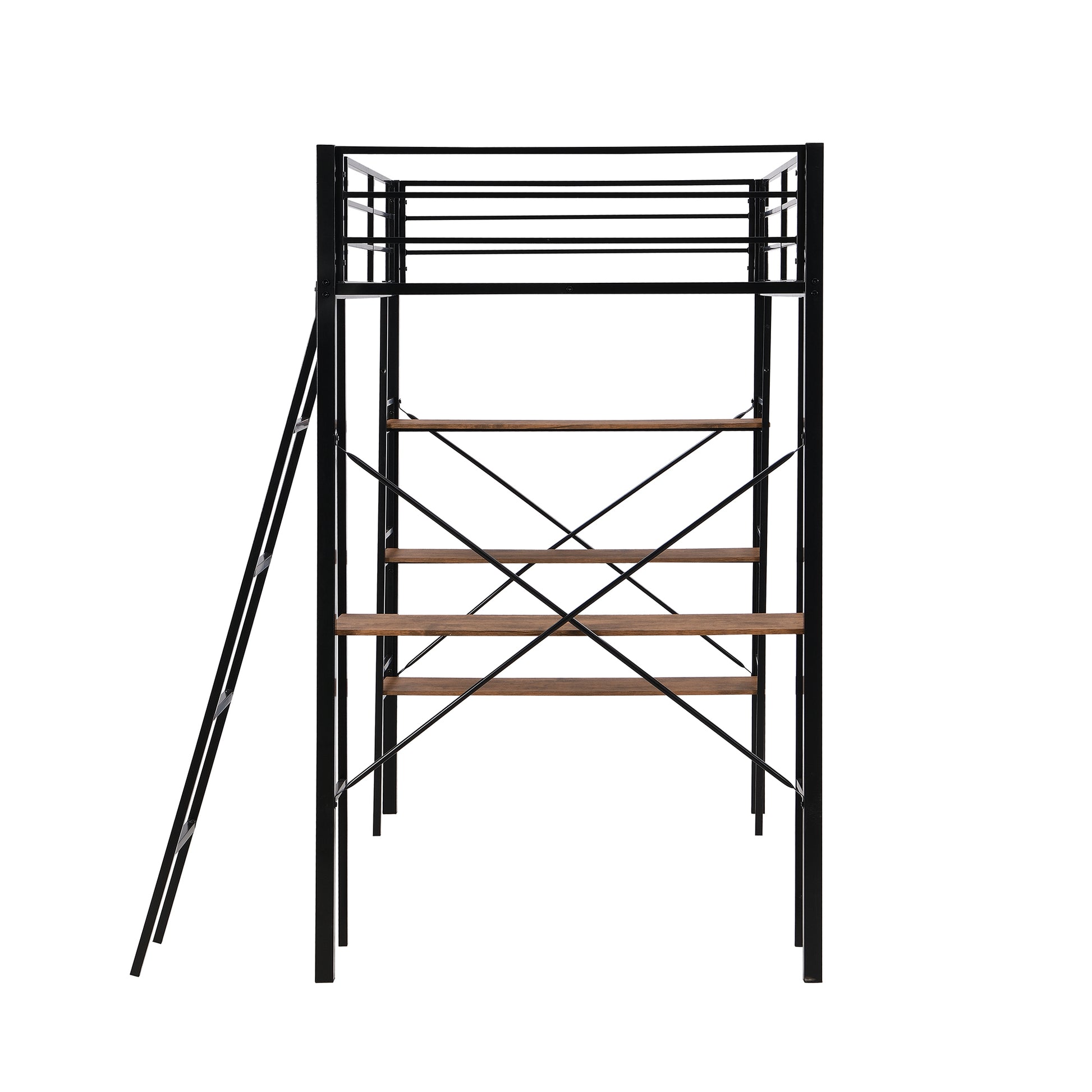 Twin Size Metal Loft Bed With Shelves And Desk, Black Old Sku: Wf306849Aab Box Spring Not Required Twin Black Metal Bedroom Bed Frame Metal