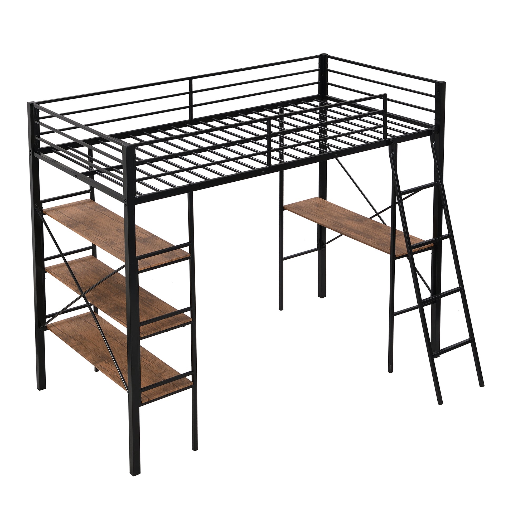 Twin Size Metal Loft Bed With Shelves And Desk, Black Old Sku: Wf306849Aab Box Spring Not Required Twin Black Metal Bedroom Bed Frame Metal