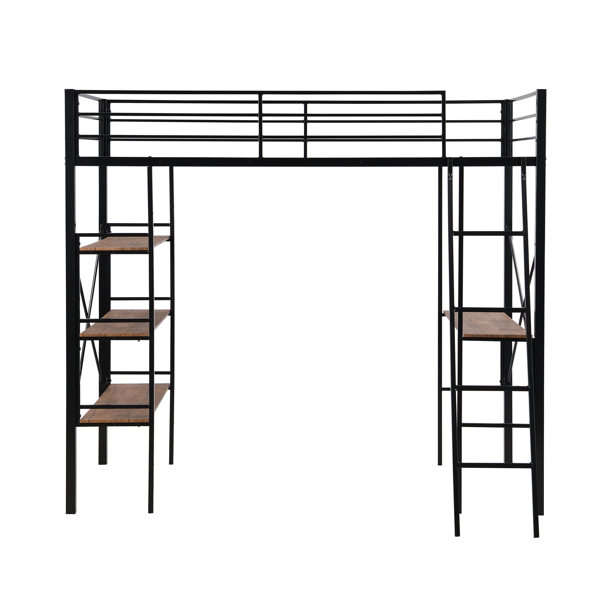 Twin Size Metal Loft Bed With Shelves And Desk, Black Old Sku: Wf306849Aab Box Spring Not Required Twin Black Metal Bedroom Bed Frame Metal