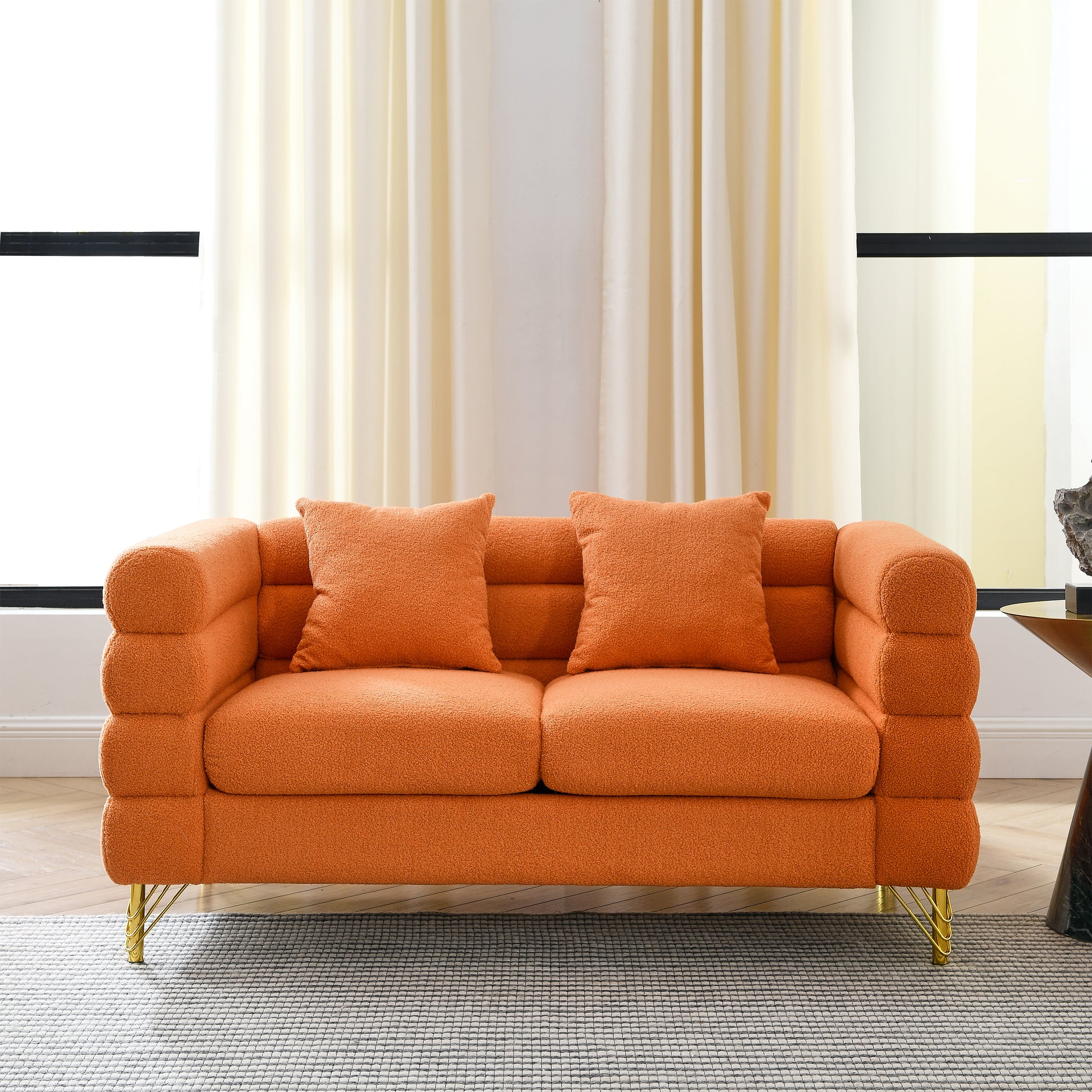 60Inch Oversized 2 Seater Sectional Sofa, Living Room Comfort Fabric Sectional Sofa Deep Seating Sectional Sofa, Soft Sitting With 2 Pillows For Living Room,Bedroom,Office,Orange Teddy W834S00031 Orange Primary Living Space American Design Foam Fabric 2
