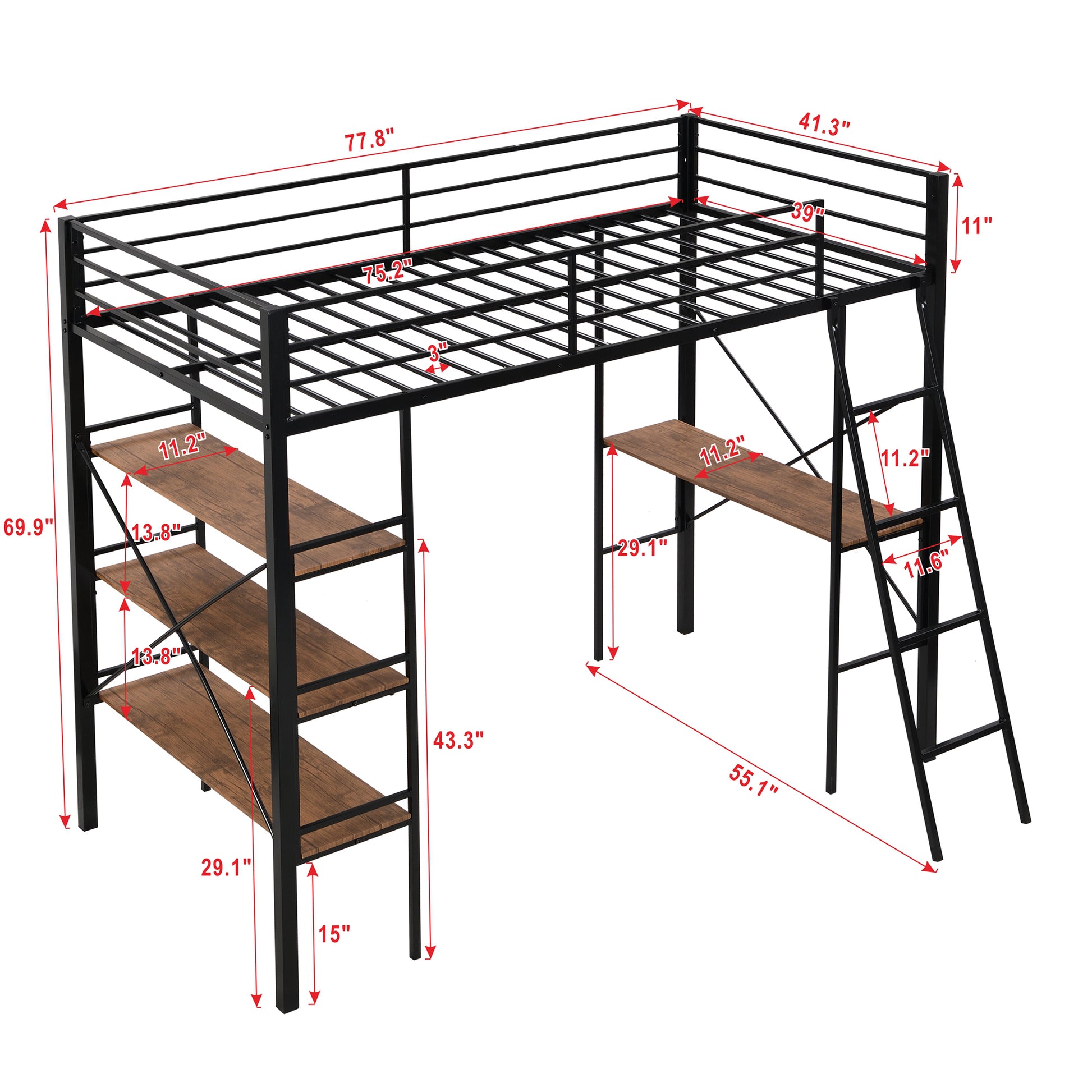 Twin Size Metal Loft Bed With Shelves And Desk, Black Old Sku: Wf306849Aab Box Spring Not Required Twin Black Metal Bedroom Bed Frame Metal