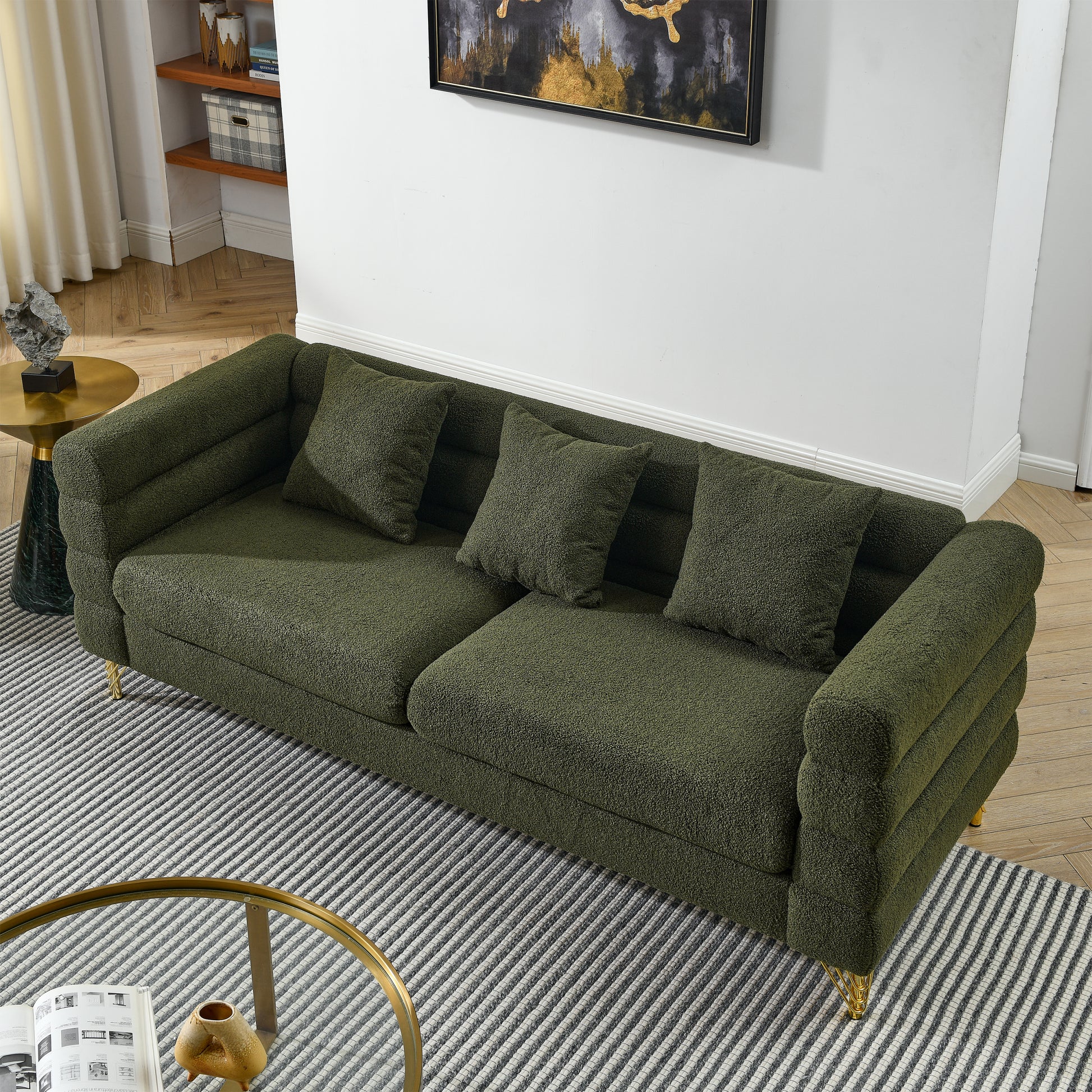 81Inch Oversized 3 Seater Sectional Sofa, Living Room Comfort Fabric Sectional Sofa Deep Seating Sectional Sofa, Soft Sitting With 3 Pillows For Living Room, Bedroom, Office Green Teddy W834S00033 Green Primary Living Space American Design Foam Fabric 3