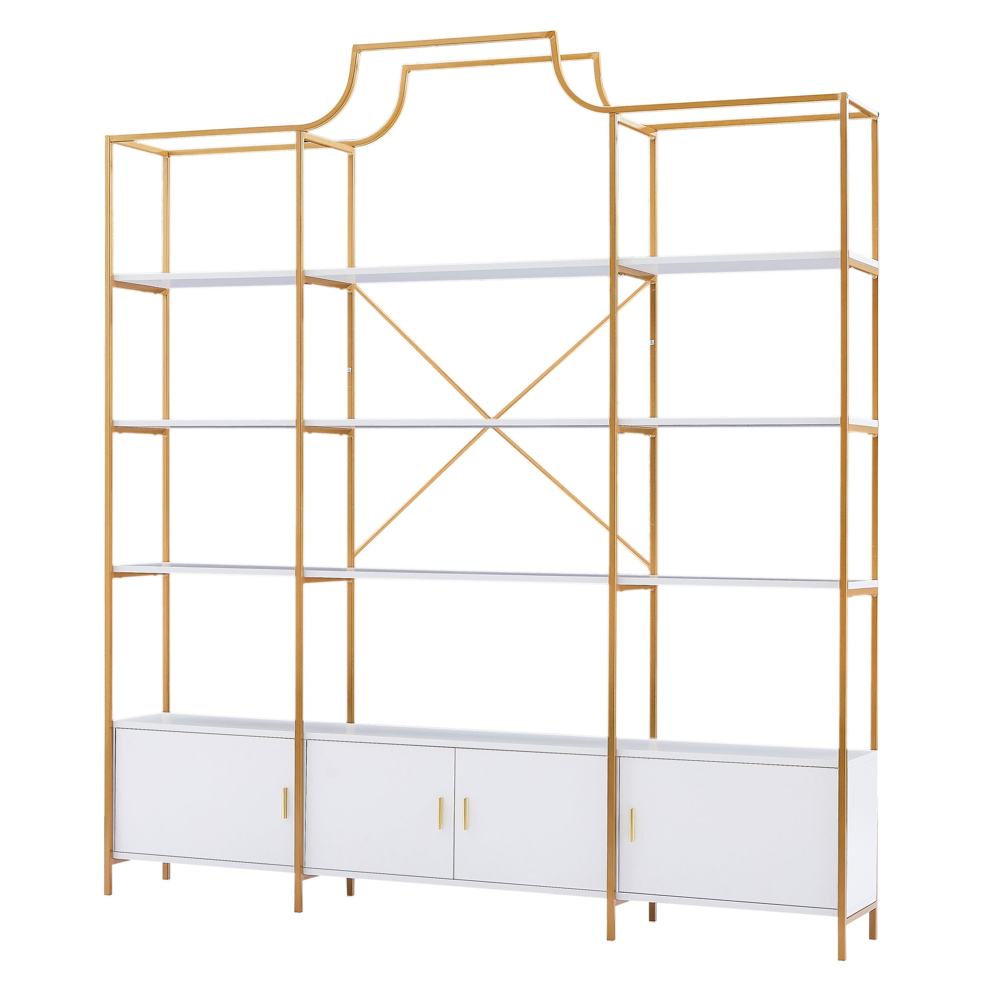 78 Inch 4 Tiers Home Office Bookcase Bookshelf, Storage Cabinet Display Shelf, X Bar Gold Frame Golden White Mdf Steel