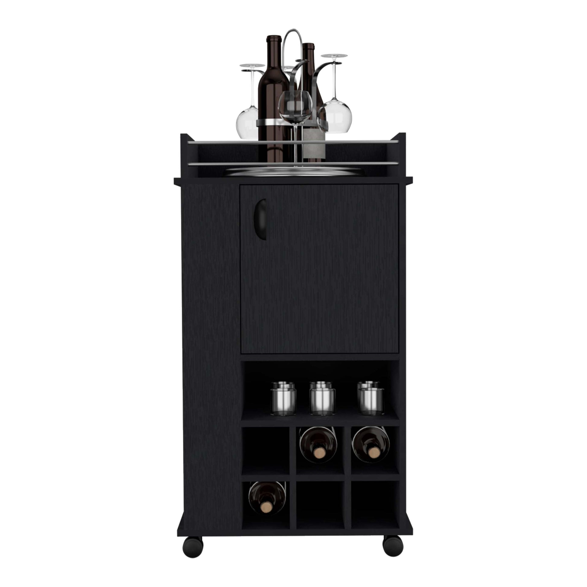 Black 4 Wheel Bar Cart Cabinet For Kitchen Or