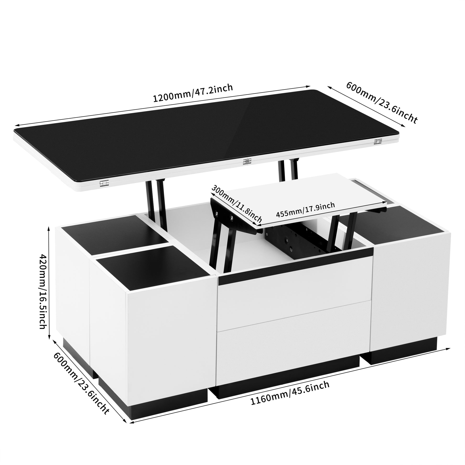 Modern White Lift Top Glass Coffee Table With Drawers & Storage Multifunction Table Black White Mdf Glass