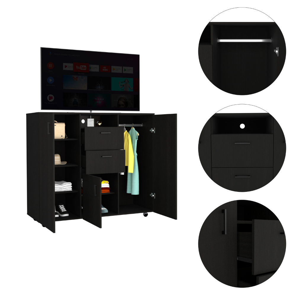 3 Door Cabinet Dresser 48"H, Two Drawers, Four Interior Shelves, Rod, Black Black Particle Board Particle Board