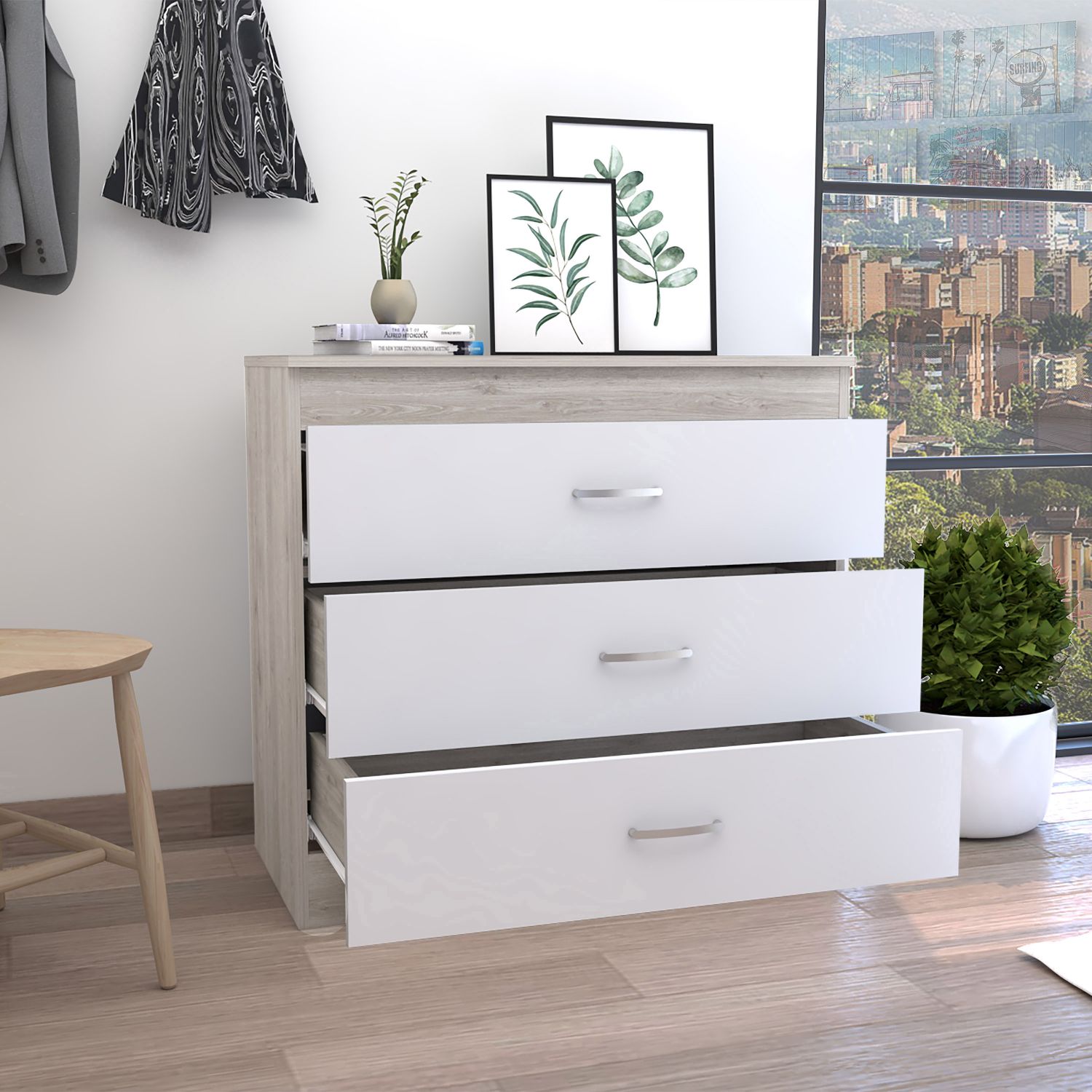 Dresser 29"H, Three Drawers, Metal Hardware, Superior Top, Light Gray White Multicolor Particle Board Particle Board