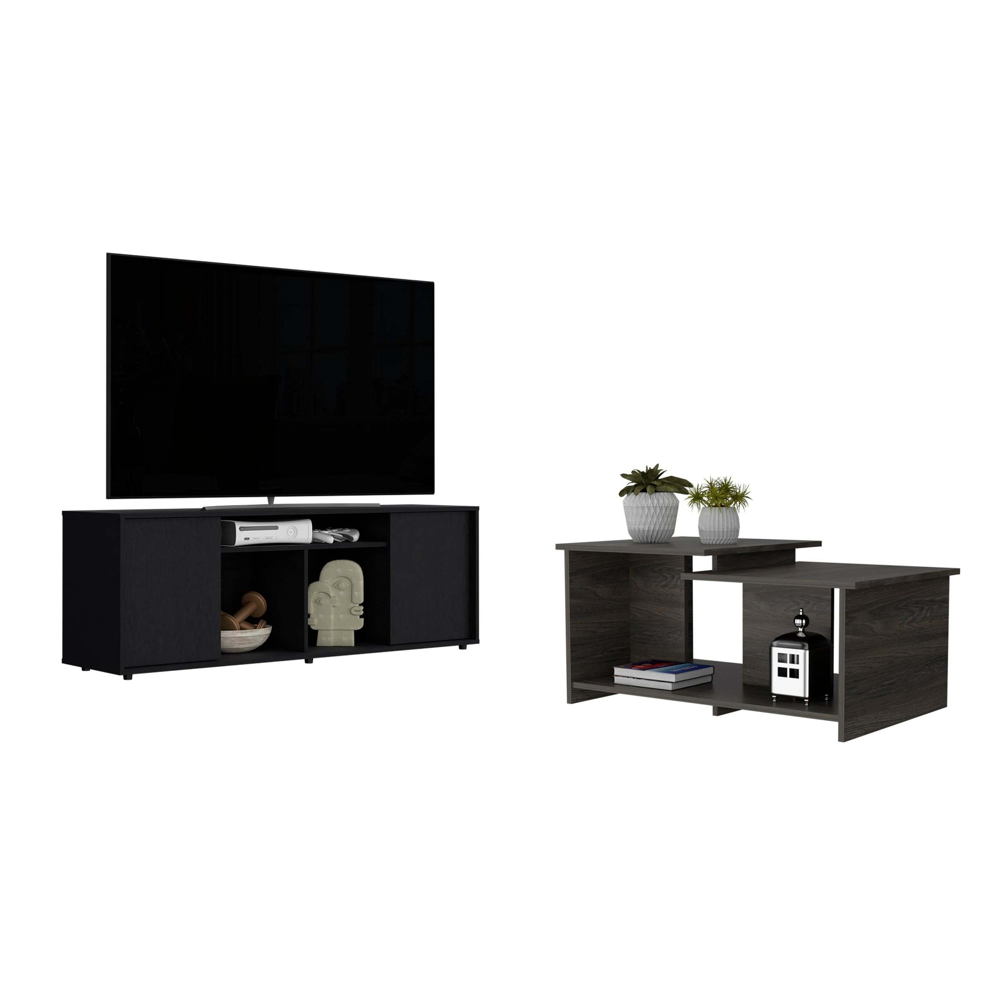 Danville 2 Piece Living Room Set, Dallas Tv Stand Leanna 3 Coffee Table, Black Espresso, Black Espresso Black 50 59 Inches Particle Board Particle Board