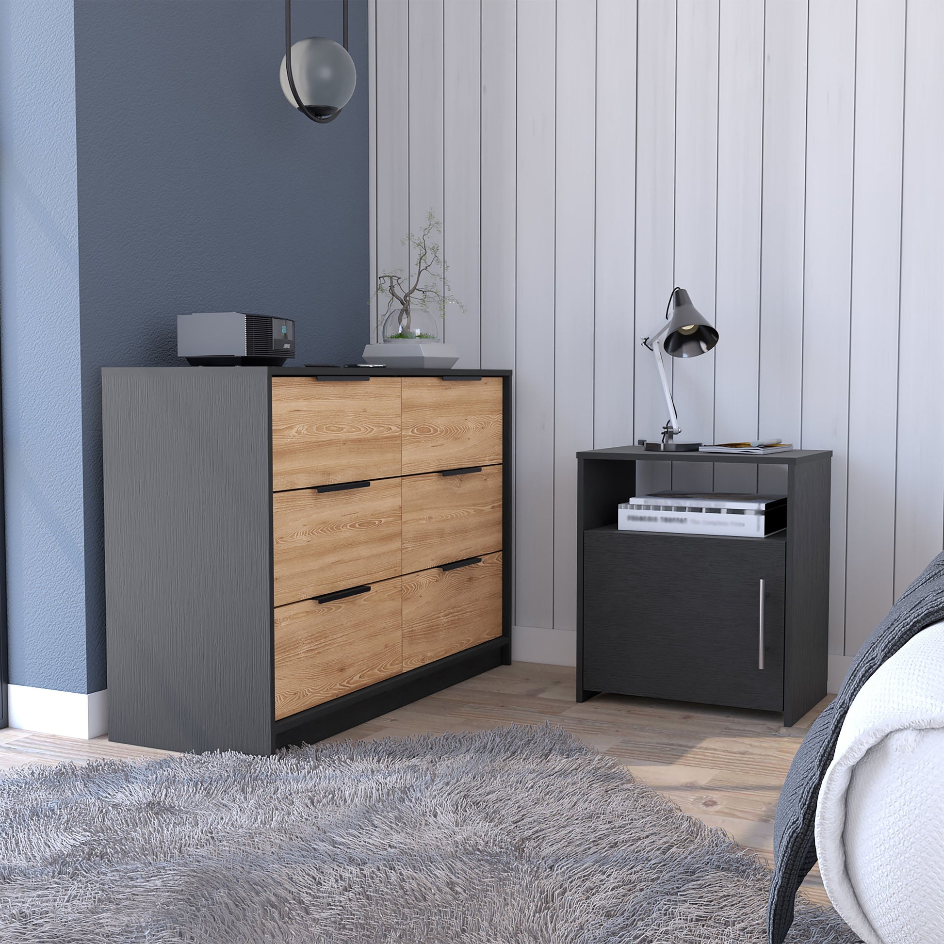 2 Piece Bedroom Set, Egeo 4 Drawer Dresser Omaha Nightstand, Black Pin 2 Piece Bedroom Set, Egeo 4 Drawer Dresser Omaha Nightstand, Black Pin
