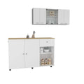 2 Piece Kitchen Set, Kitchen Island Cart 150 Wall Cabinet Glass, White Light Oak White Particle Board Particle Board