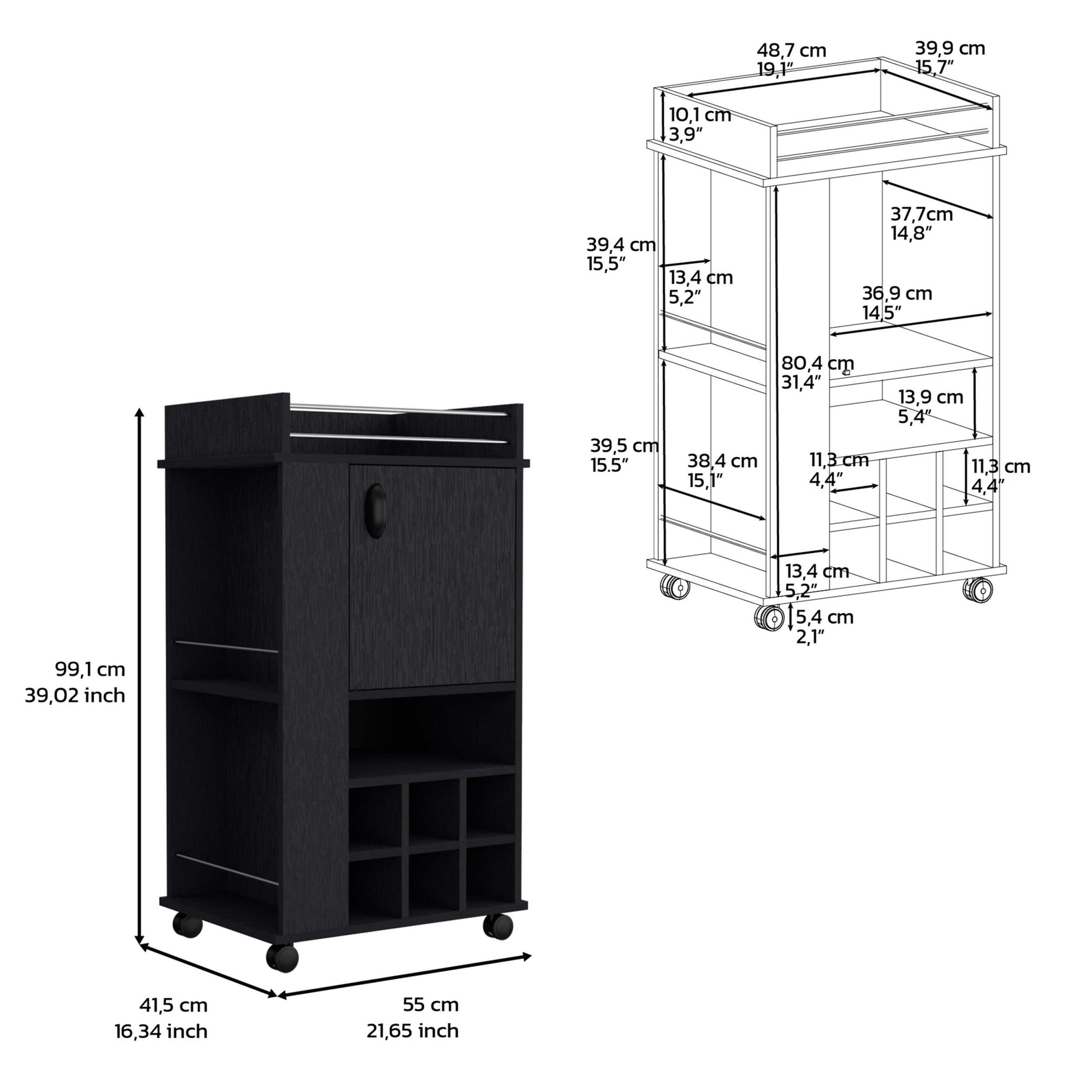 Black 4 Wheel Bar Cart Cabinet For Kitchen Or Living Room, With 6 Built In Bottle Racks, 1 Interior Shelve, 2 Side Shelves, 1 Space With Wood Door To Store Glasses, Cups, Coffee Or Snacks. Black Particle Board Particle Board