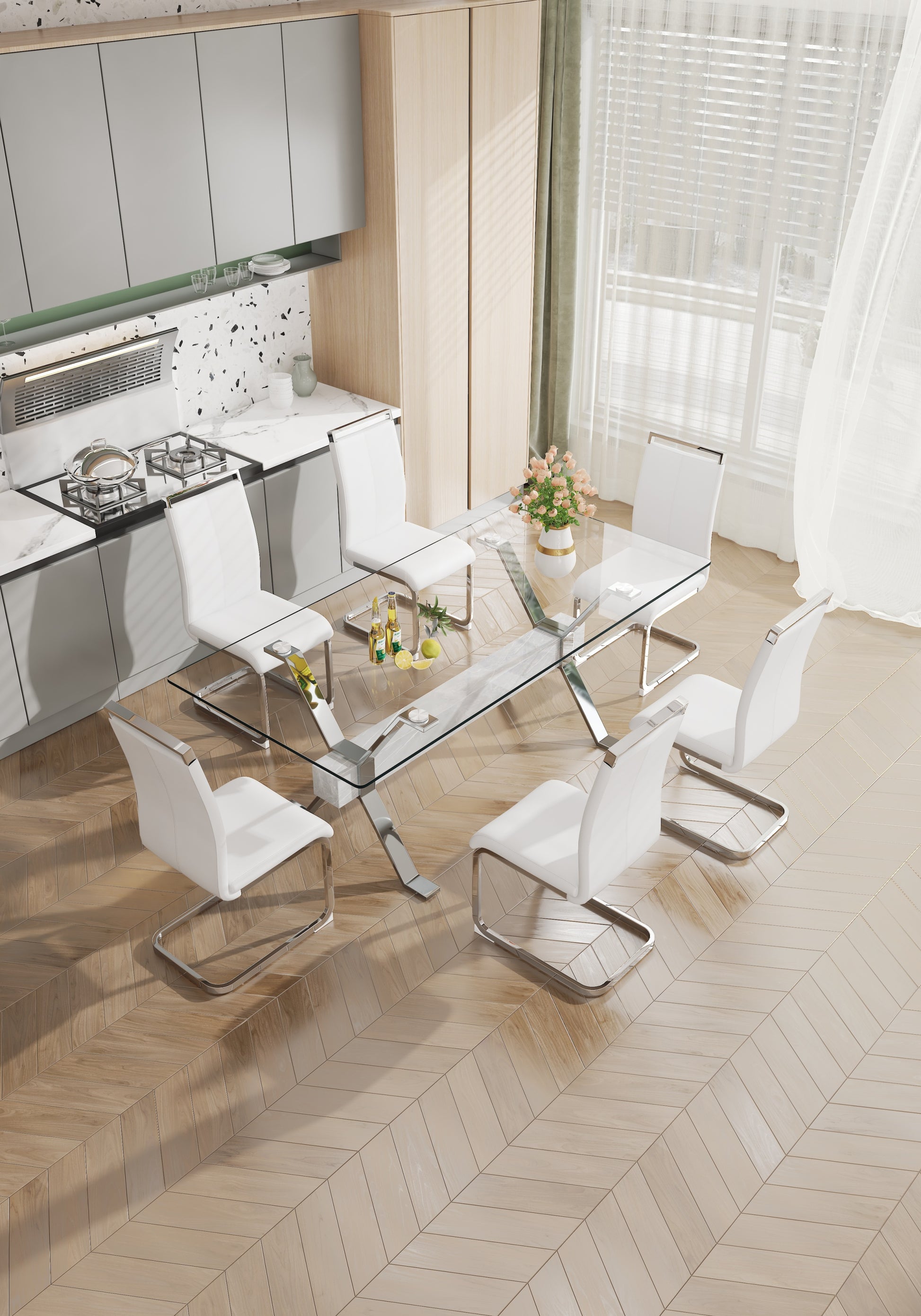 Dining Table. Modern Tempered Glass Dining Table. Large Modern Office Desk With Silver Plated Metal Legs And Mdf Crossbars, Suitable For Both Home And Office Use. Kitchen. 79 ''X39''X30 '' 1105 Transparent Glass