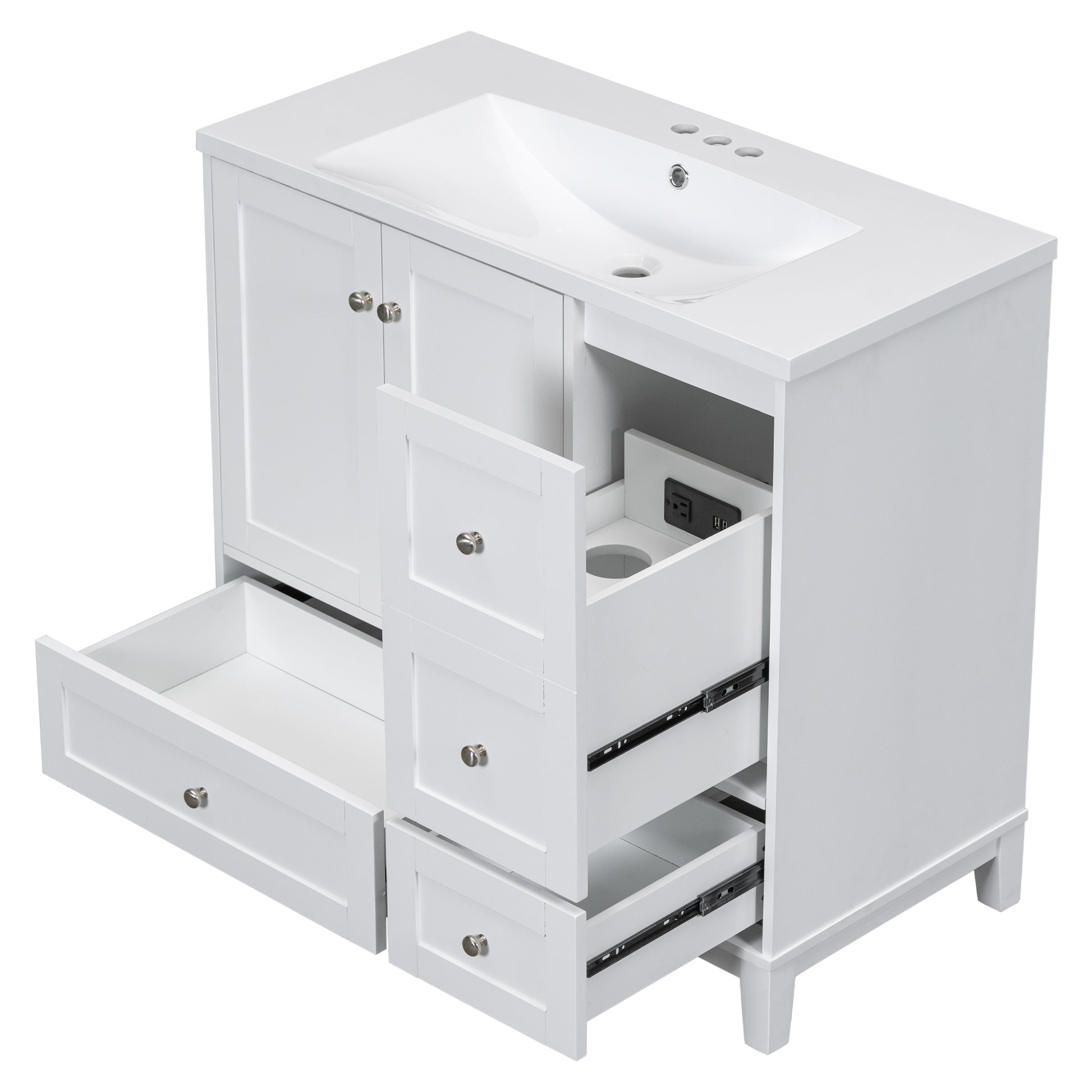 36 Inch Modern Bathroom Vanity With Usb Charging, Two Doors And Three Drawers Bathroom Storage Vanity Cabinet, Small Bathroom Vanity Cabinet With Single Sinkwhite & Gray Blue Faucets Not Included White Solid Wood Mdf Resin