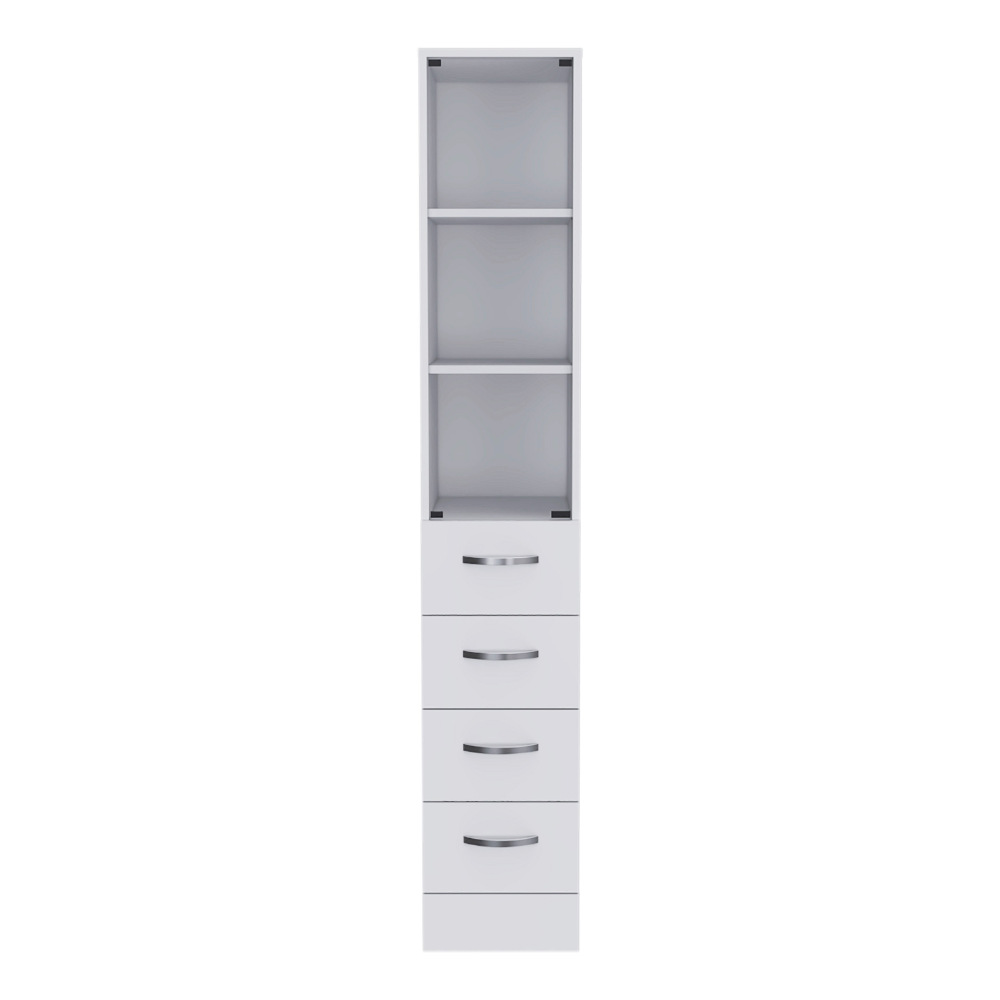 68H" Linen Cabinet, Three Shelves, Four Drawers And Metal Handles, White 4 White 3 Bathroom Freestanding Modern Particle Board Particle Board