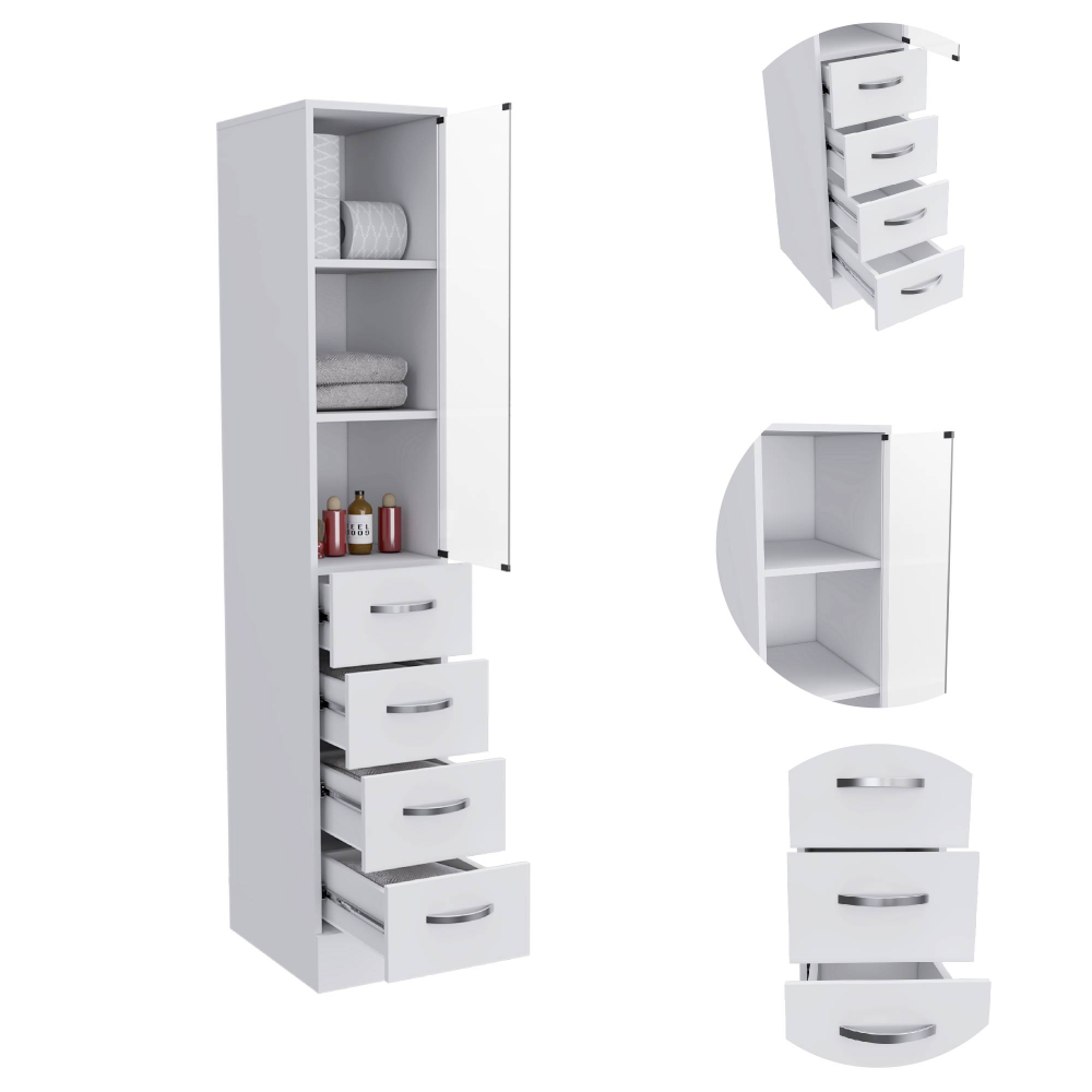 Linen Cabinet 68" H, Three Shelves, Four Drawers And Metal Handles, White 4 White 3 Bathroom Freestanding Modern Particle Board Particle Board