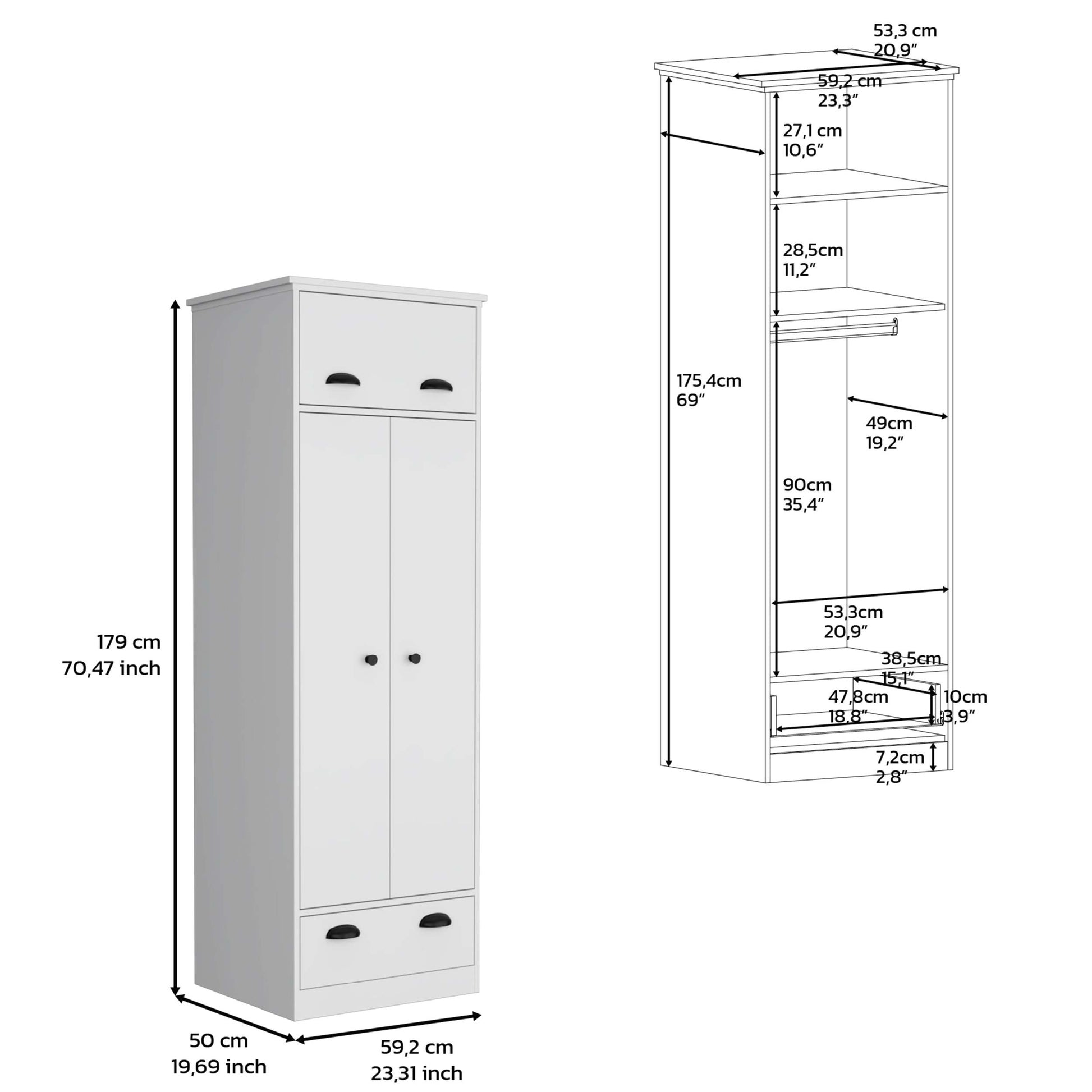 Dresser Closet With Upper Storage Covered With 1 Door, 2 Central Shelves, 1 Tube For Hanging Clothes Covered By 2 Doors, 1 Drawer At The Bottom, White White Particle Board Particle Board