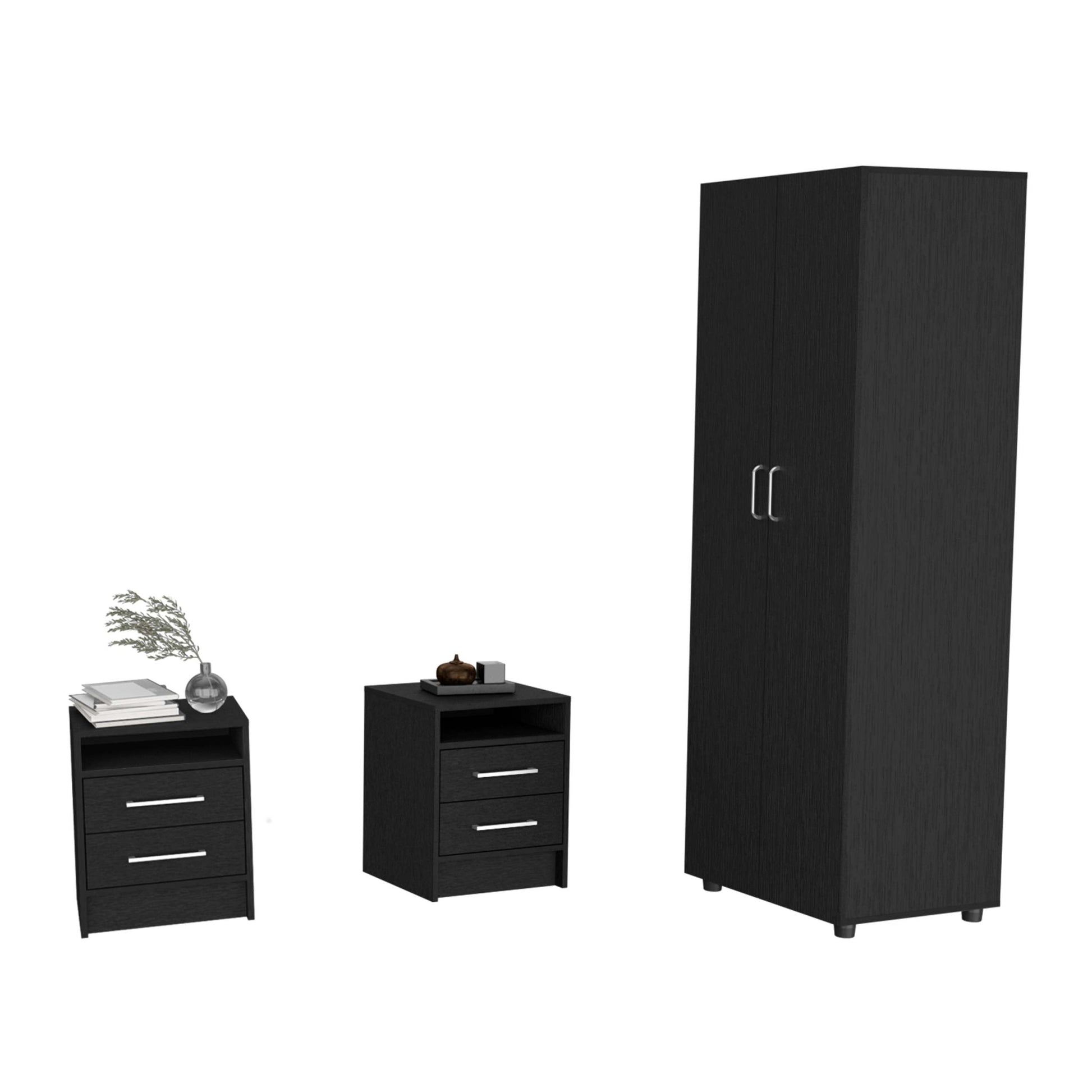 3 Piece Bedroom Set, London Armoire 2 Leyva Nightstands, Black Full Black 3 Piece Set Particle Board Particle Board