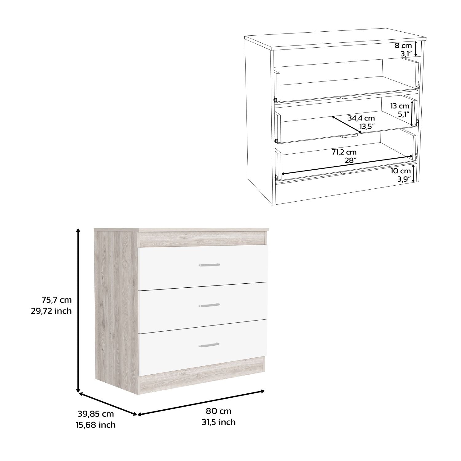 Dresser 29"H, Three Drawers, Metal Hardware, Superior Top, Light Gray White Multicolor Particle Board Particle Board