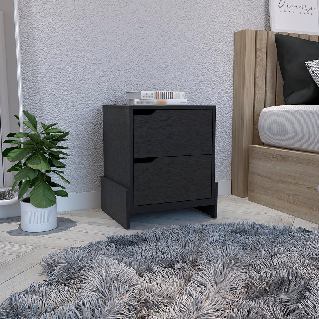 Black Modern Easy To Install Bedside Nightstand With 2 Drawers, With Openwork Gola Handles, With Floor Fixing With Two Sturdy Particle Board Legs. Black Particle Board Particle Board