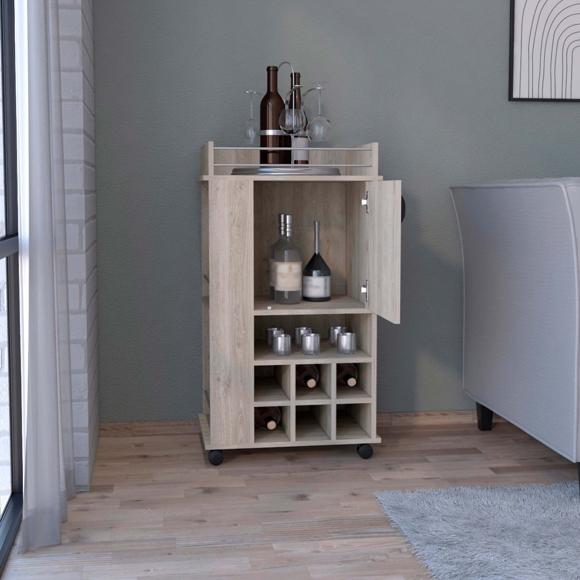 Light Gray 4 Wheel Bar Cart Cabinet For Kitchen