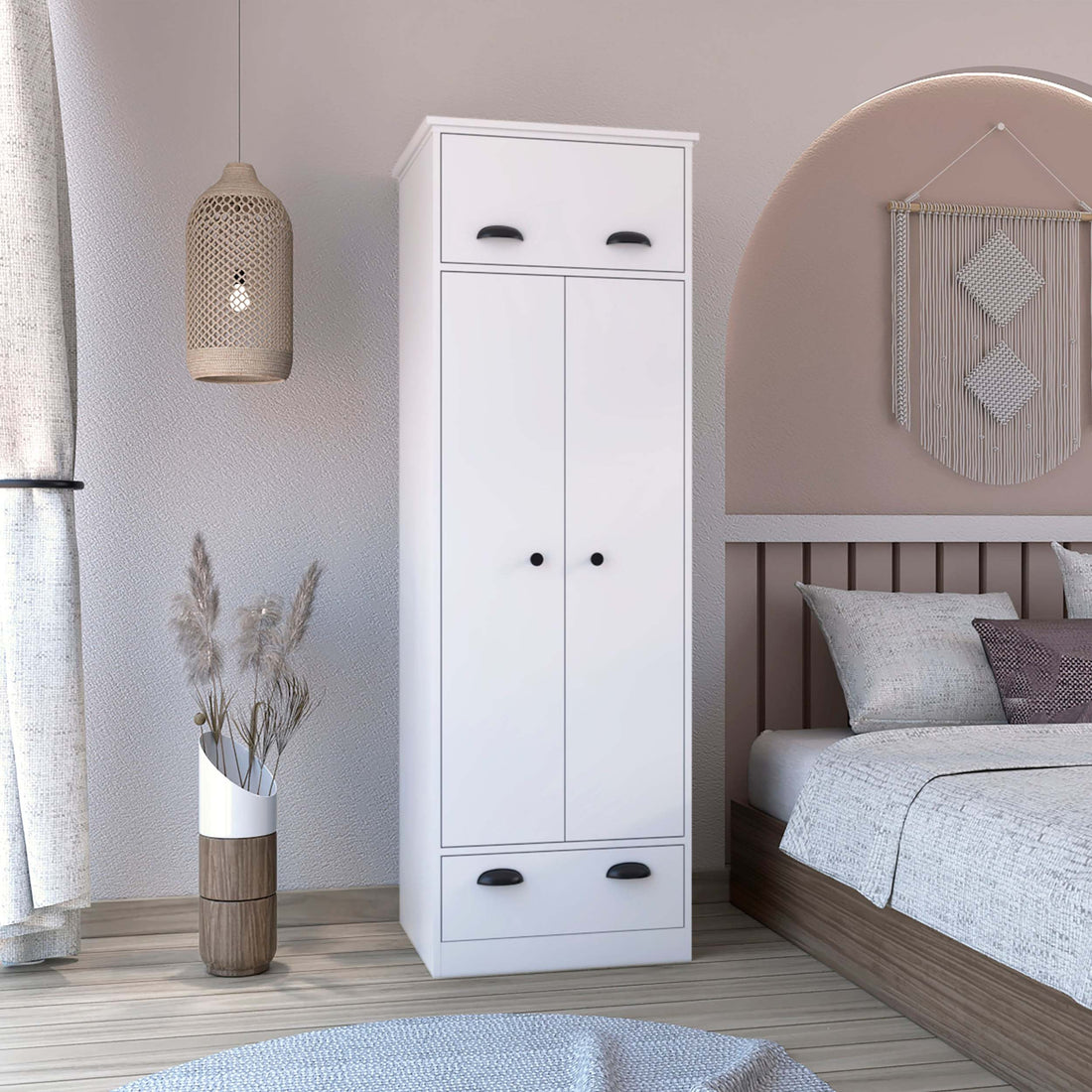 White Dresser Closet With Upper Storage Covered With 1 Door, This Wardrobe Also Has 2 Central Shelves And 1 Tube For Hanging Clothes Covered By 2 Doors, And 1 Drawer At The Bottom. White Particle Board Particle Board