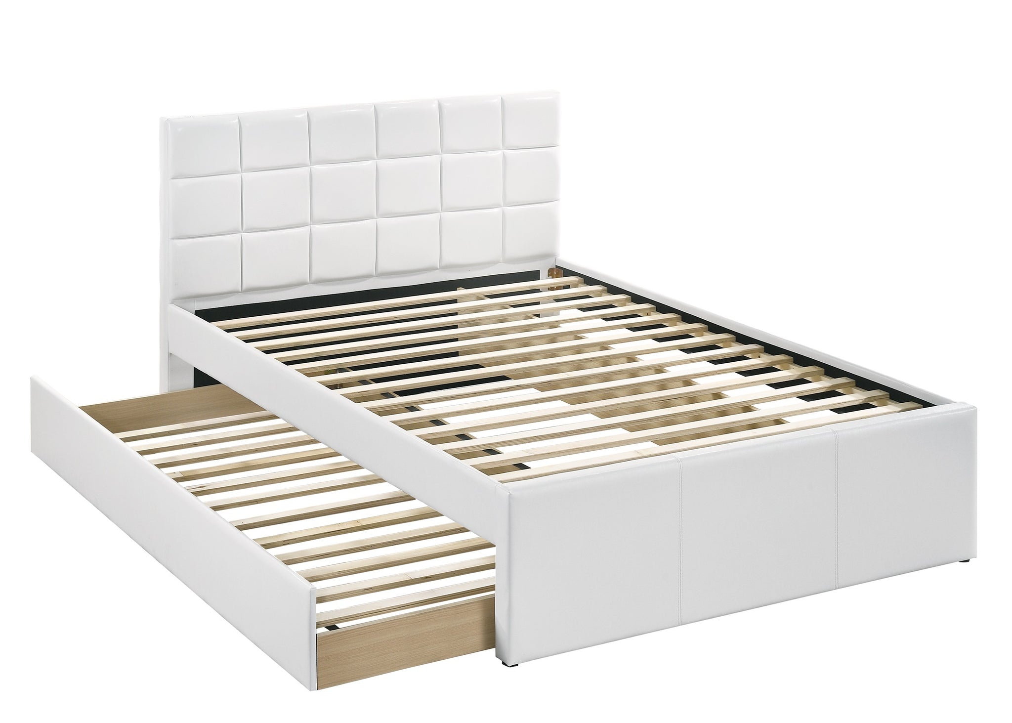 Full Size Bed w Trundle Slats White Faux Leather