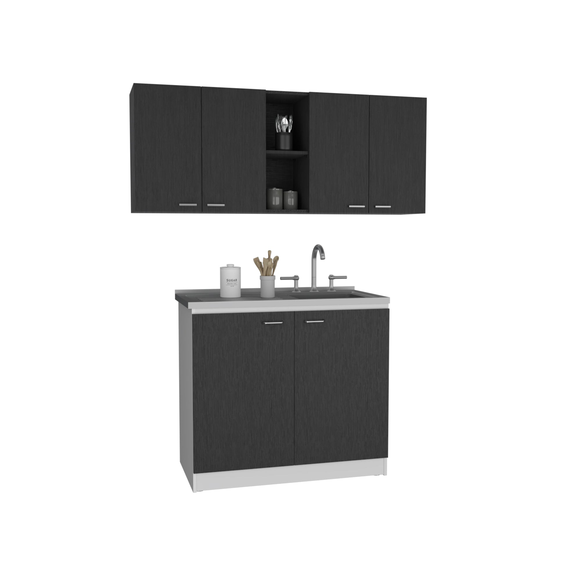 2 Piece Kitchen Set, Olimpo 150 Wall Cabinet Salento Utility Sink With Cabinet, Black White Black Particle Board Particle Board