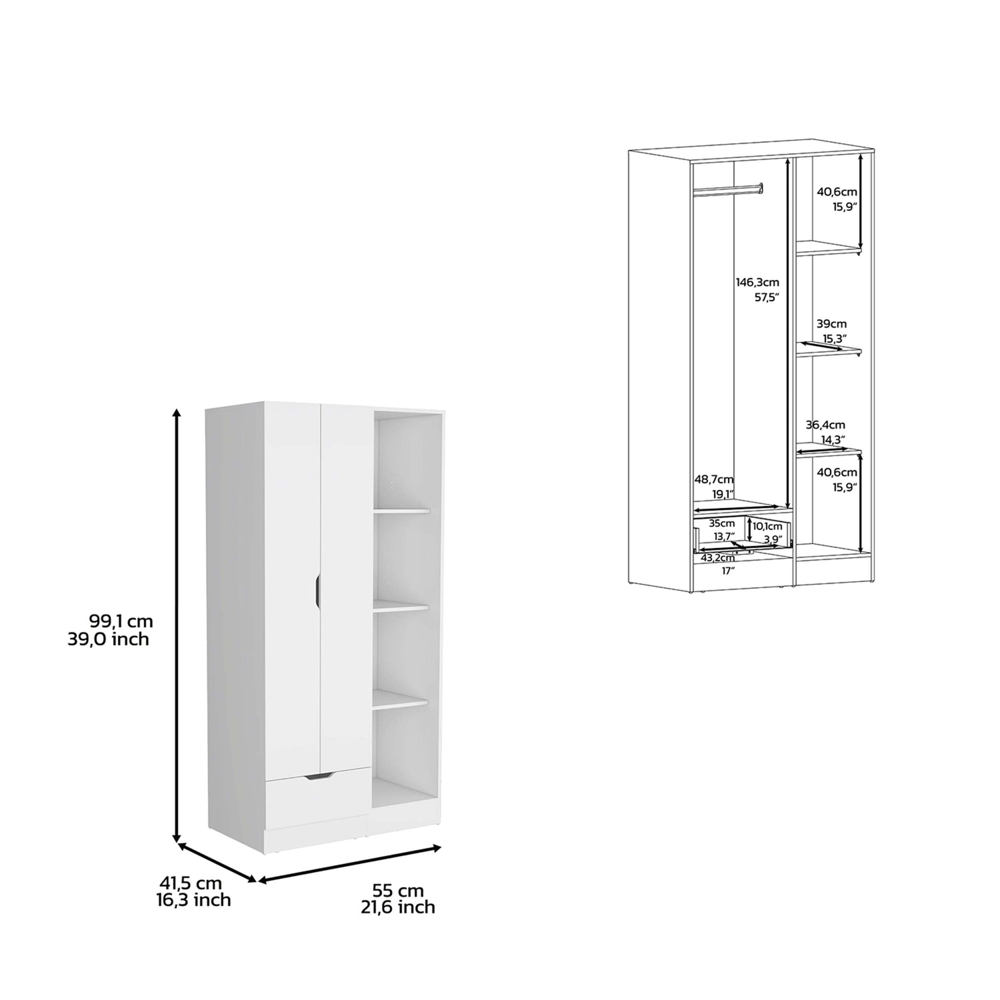 Armoire 71"H With 1 Drawer And 4 Tier Open Shelves, 2 Doors, White White White Pine Particle Board Engineered Wood