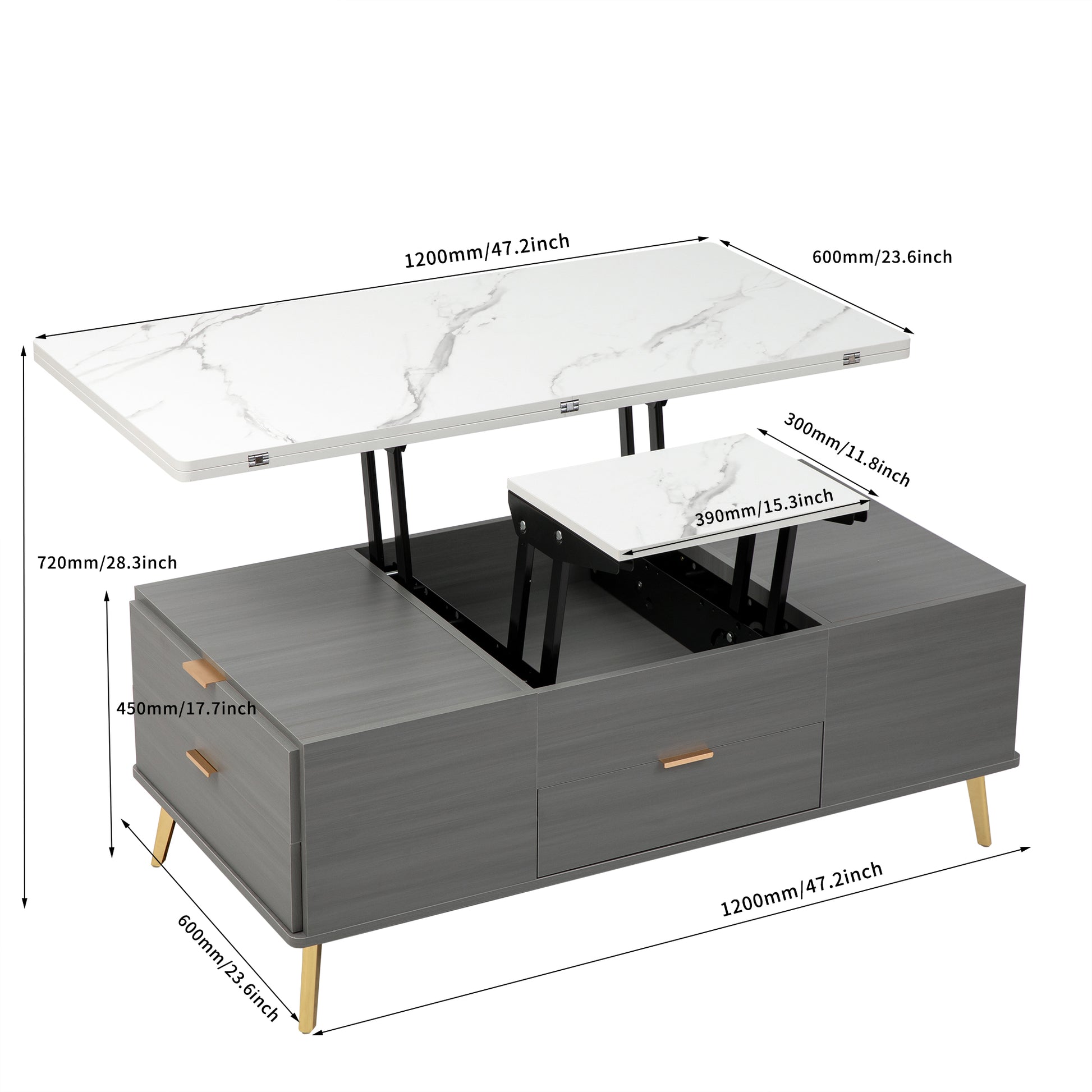 Modern Lift Top Coffee Table Multi Functional Table white+gray-mdf+steel