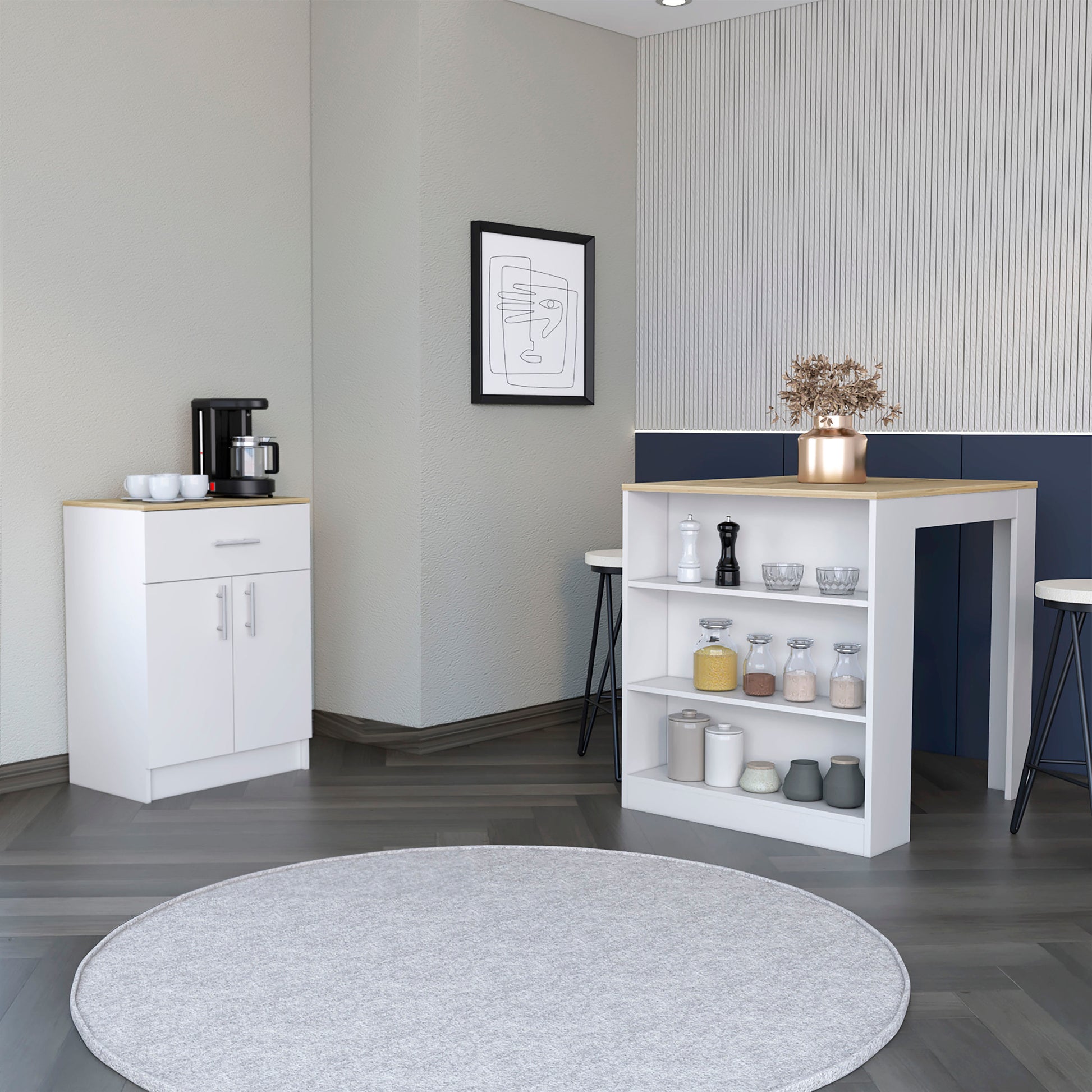 2 Piece Kitchen Set, Kitchen Island Table Pantry Cabinet, White Light Oak White Particle Board Particle Board