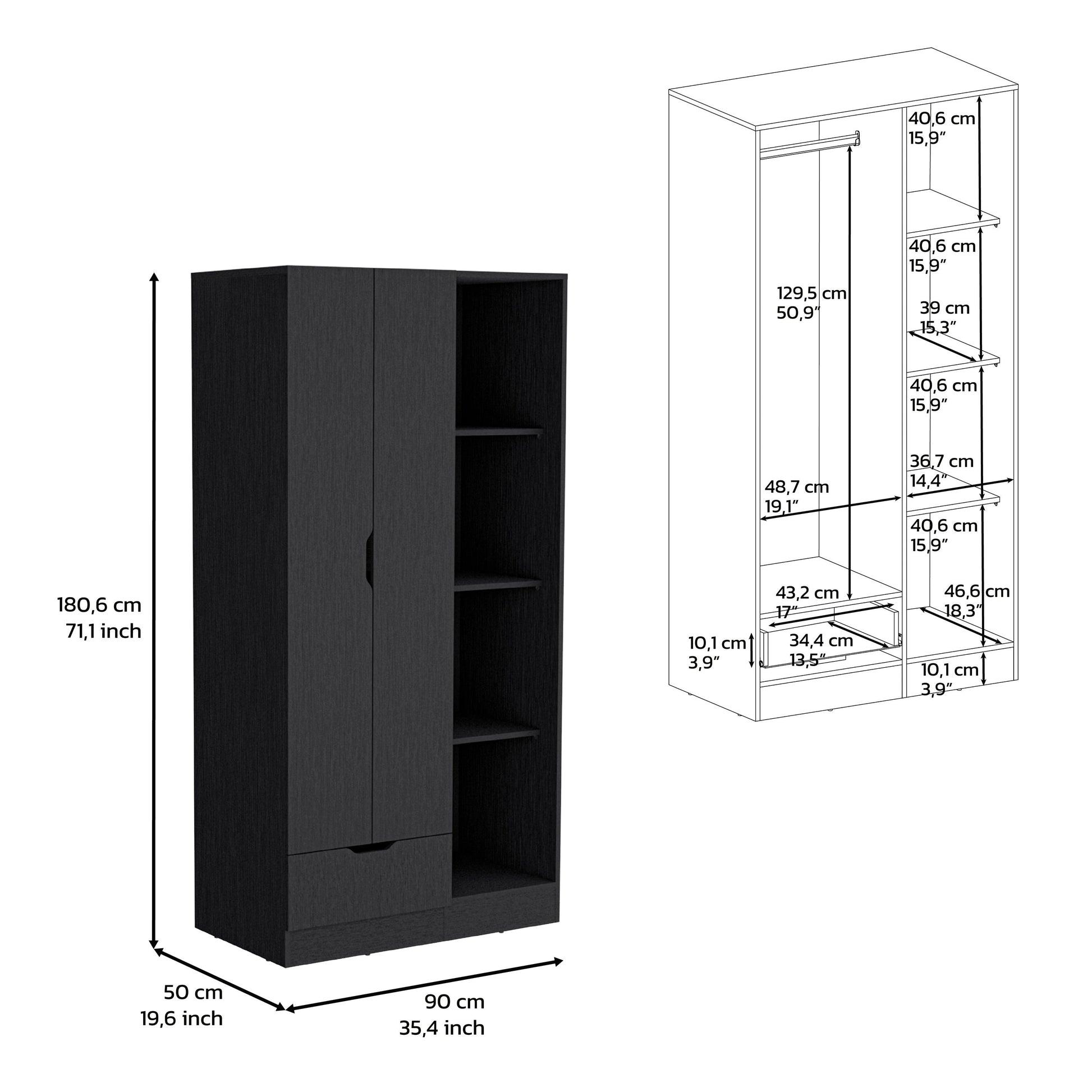 Armoire 71H" With 1 Drawer And 4 Tier Open Shelves, 2 Doors, Black Black Bedroom Modern Pine Particle Board Particle Board