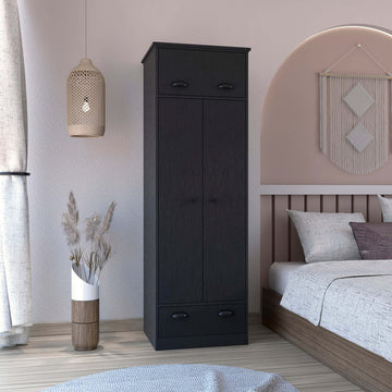 Black Dresser Closet With Upper Storage Covered With 1 Door, This Wardrobe Also Has 2 Central Shelves And 1 Tube For Hanging Clothes Covered By 2 Doors, And 1 Drawer At The Bottom. Black Particle Board Particle Board