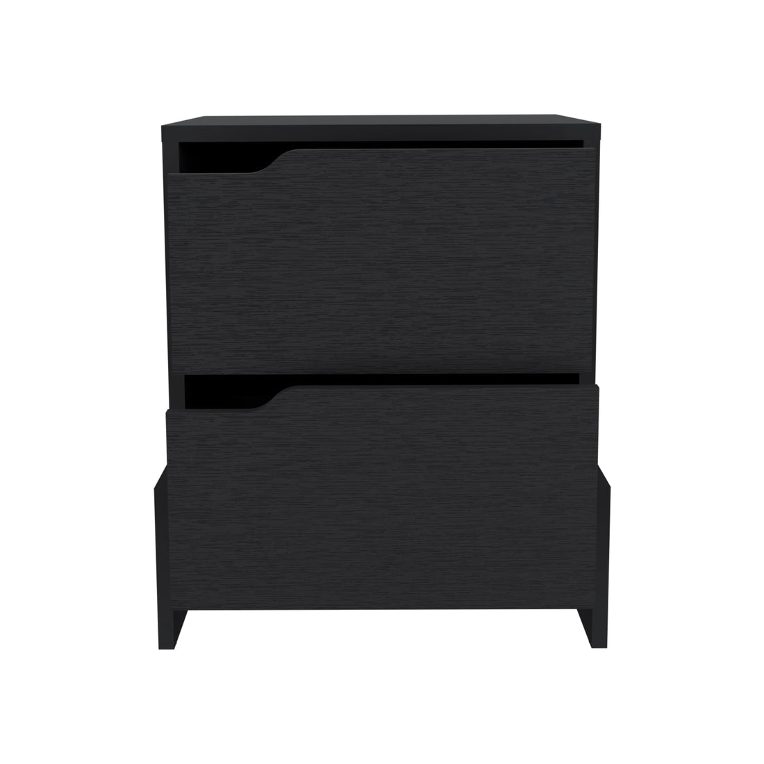 Black Modern Easy To Install Bedside Nightstand With 2 Drawers, With Openwork Gola Handles, With Floor Fixing With Two Sturdy Particle Board Legs. Black Particle Board Particle Board