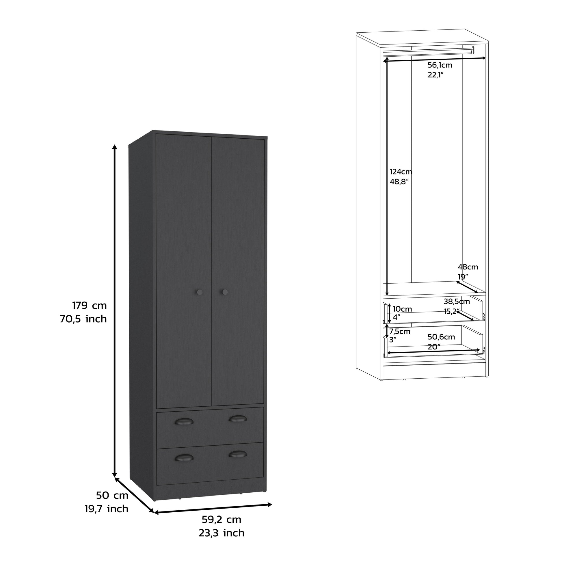 Armoire 70"H With 2 Drawers And 2 Doors, Black Hinged Black 2 Drawers Bedroom Modern 2 Or Less Black Particle Board Particle Board