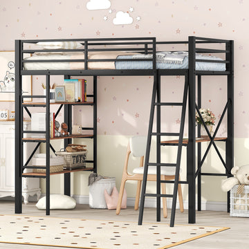 Twin Size Metal Loft Bed With Shelves And Desk, Black Old Sku: Wf306849Aab Box Spring Not Required Twin Black Metal Bedroom Bed Frame Metal