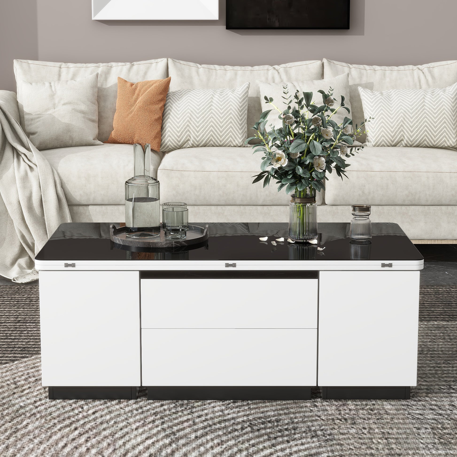 Modern White Lift Top Glass Coffee Table With Drawers & Storage Multifunction Table Black White Mdf Glass