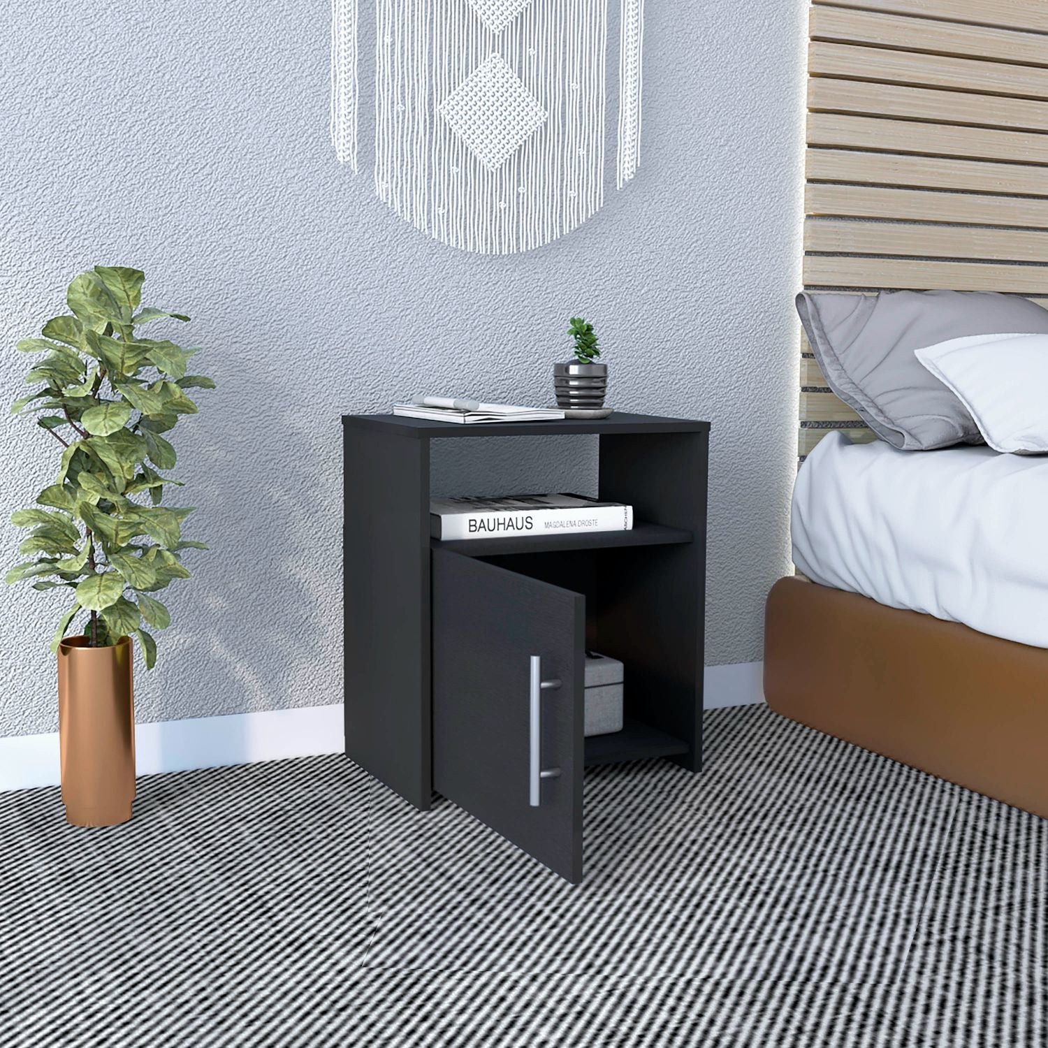 Modern And Easy To Install Black Bedside Nightstand With 1 Door And 1 Metal Handle For Open The Storage And 1 Shelf. Black Particle Board Particle Board