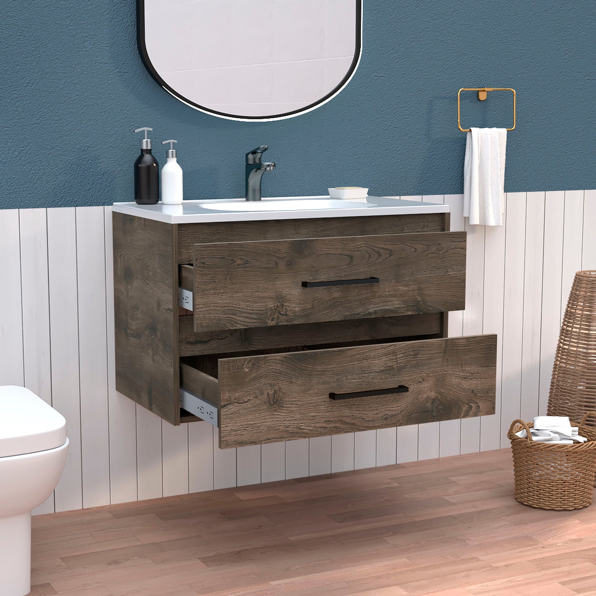 Floating Vanity Bathroom 20.4H" With 2 Drawer Organizers, Dark Brown White Multicolor Modern Particle Board Particle Board