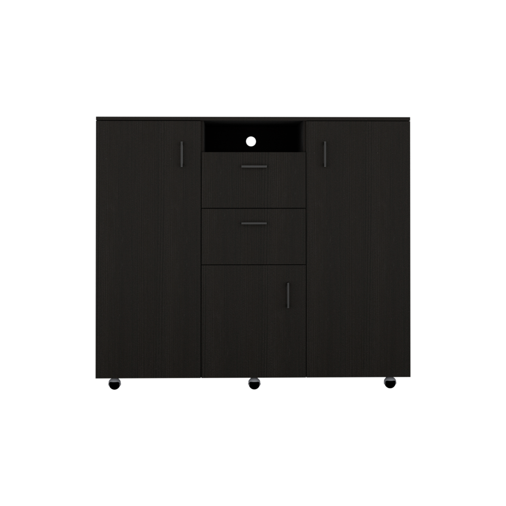 Cabinet Dresser 48"H, Two Drawers, 3 Door, Four Interior Shelves, Rod, Black Black Particle Board Particle Board