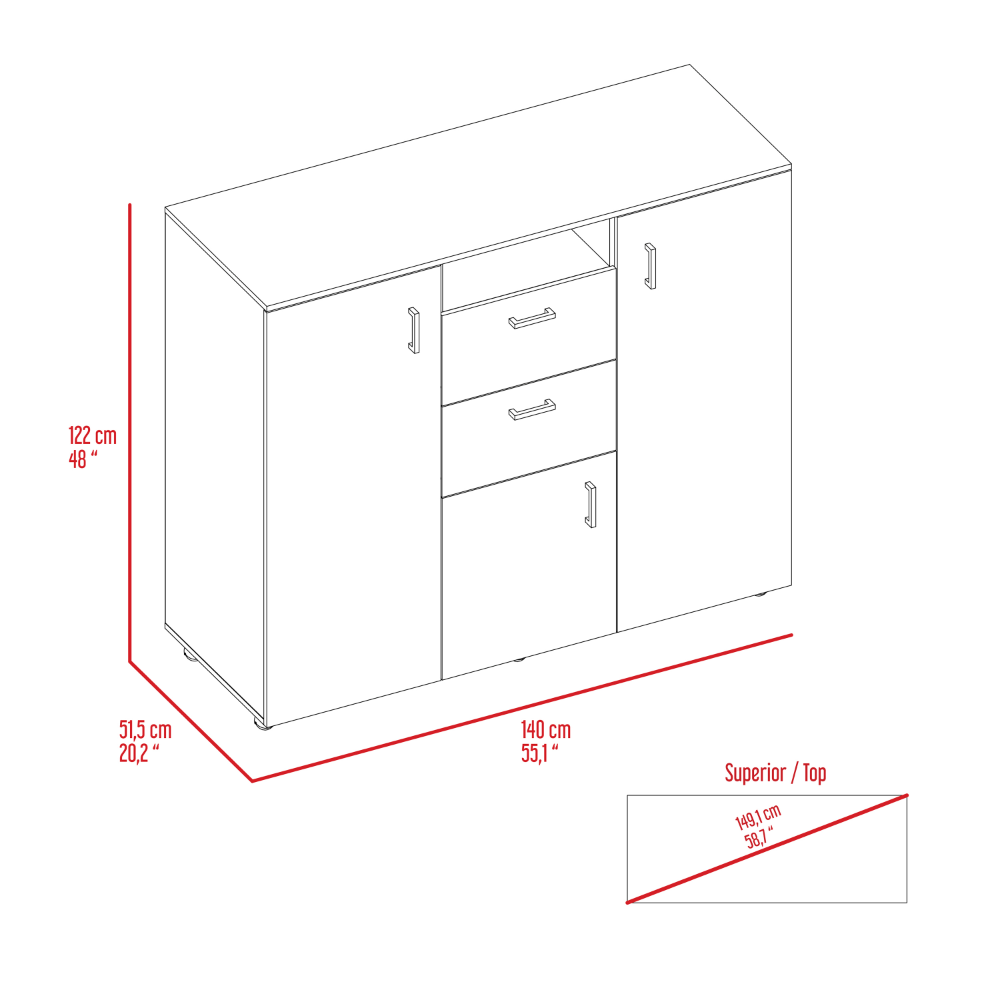 3 Door Cabinet Dresser 48"H, Two Drawers, Four Interior Shelves, Rod, Black Black Particle Board Particle Board