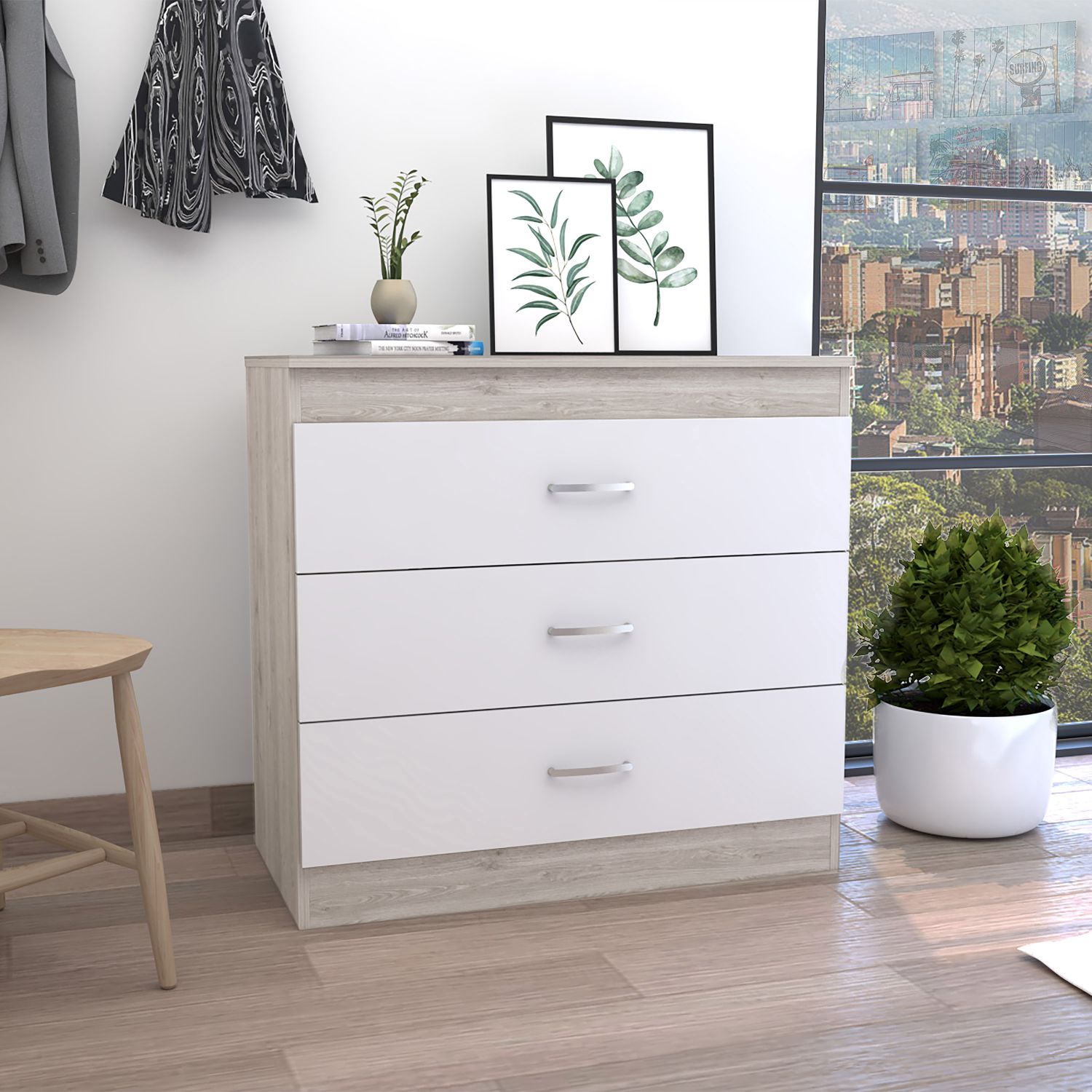 Dresser 29"H, Three Drawers, Metal Hardware, Superior Top, Light Gray White Multicolor Particle Board Particle Board