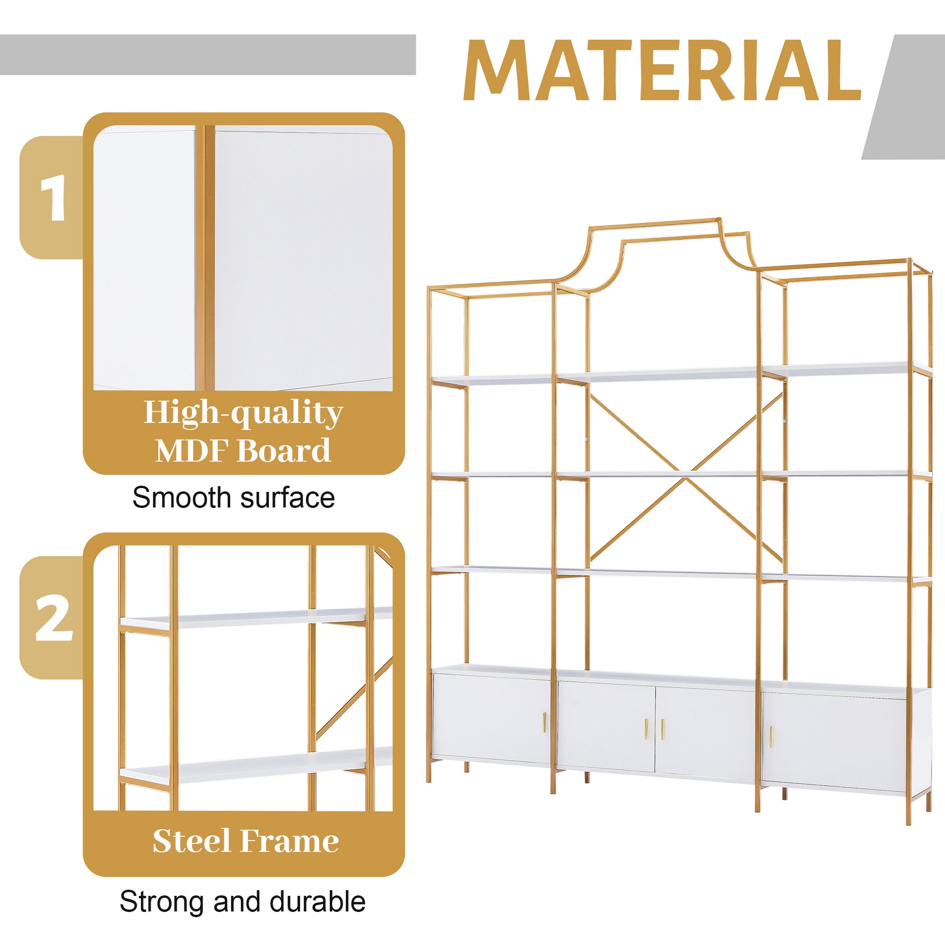 78 Inch 4 Tiers Home Office Bookcase Bookshelf, Storage Cabinet Display Shelf, X Bar Gold Frame Golden White Mdf Steel